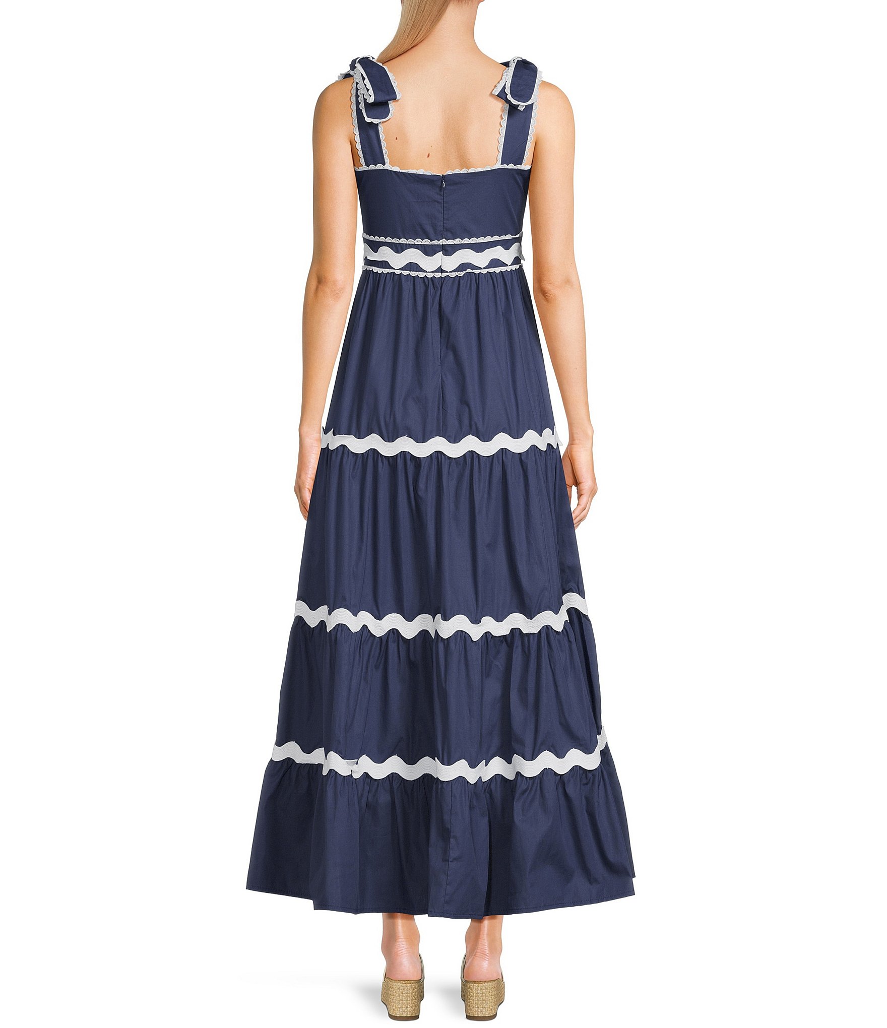 TCEC Ricrac Trim Poplin Square Neck Pleated Maxi Dress