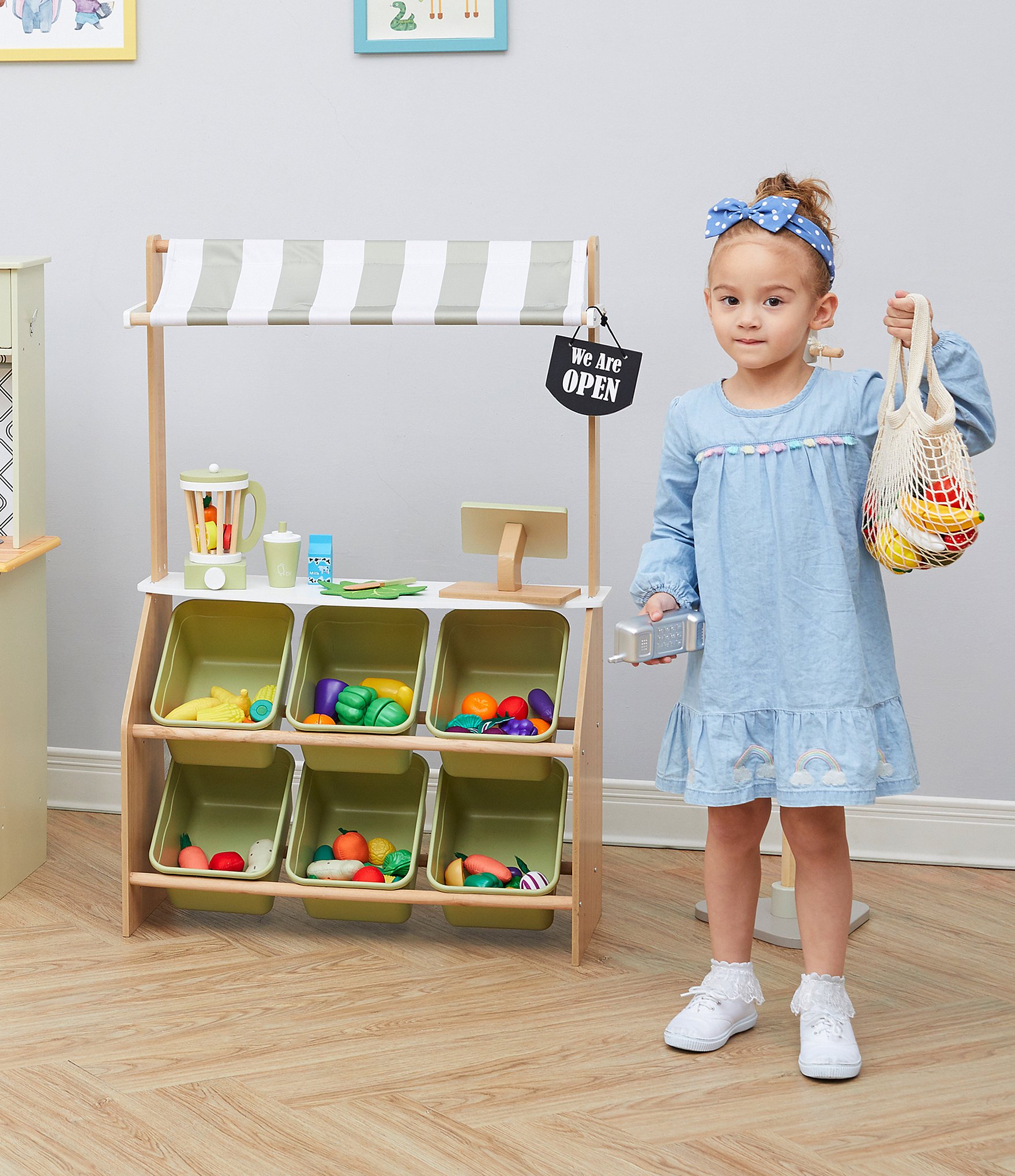 Teamson Kids Little Helper Play Farmers Market Stand with Cash Register & Storage Bins