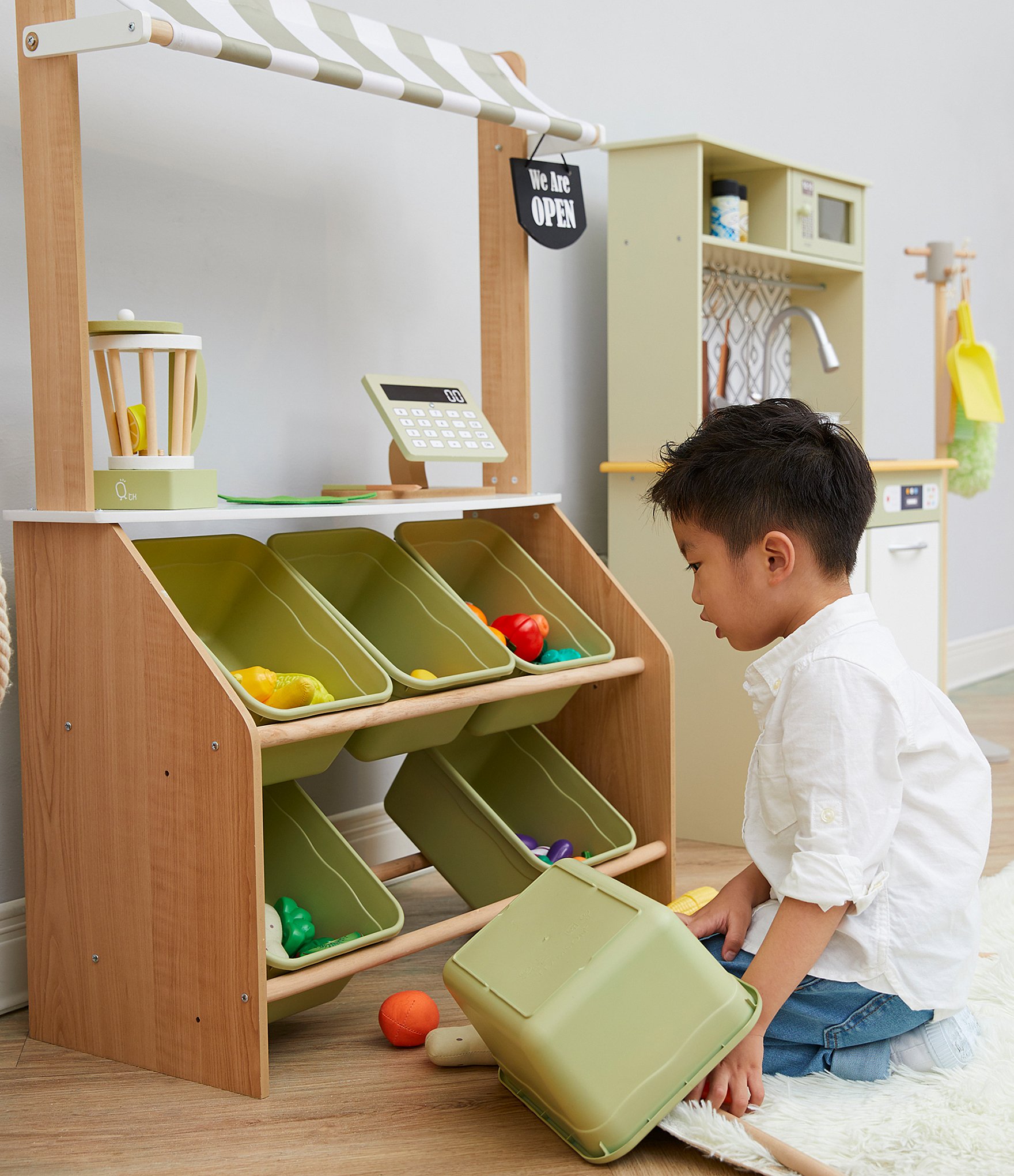 Teamson Kids Little Helper Play Farmers Market Stand with Cash Register & Storage Bins