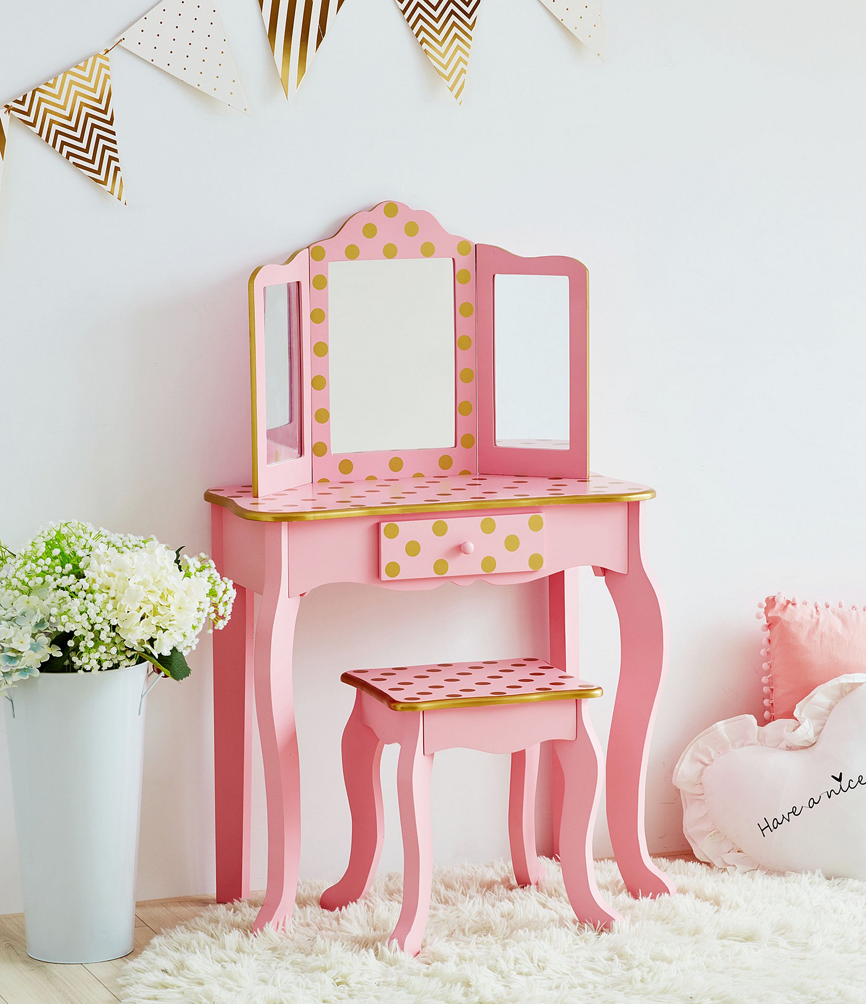 Teamson Kids Polka Dot Print Gisele Play Vanity & Stool Set