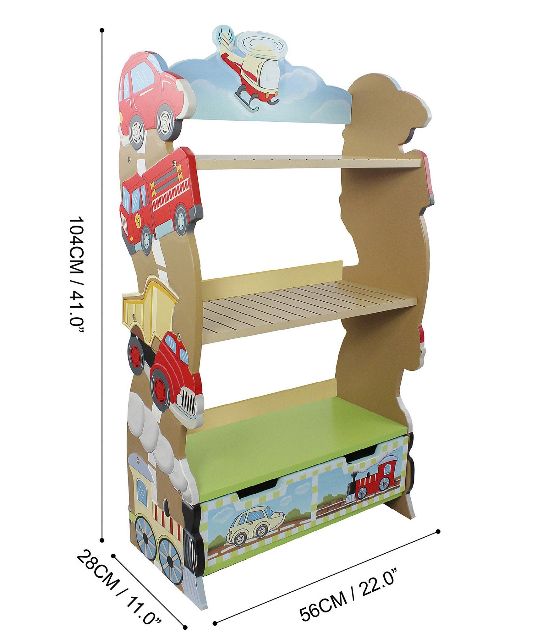 Teamson Kids Transportation Themed Wooden Bookshelf with Storage drawer