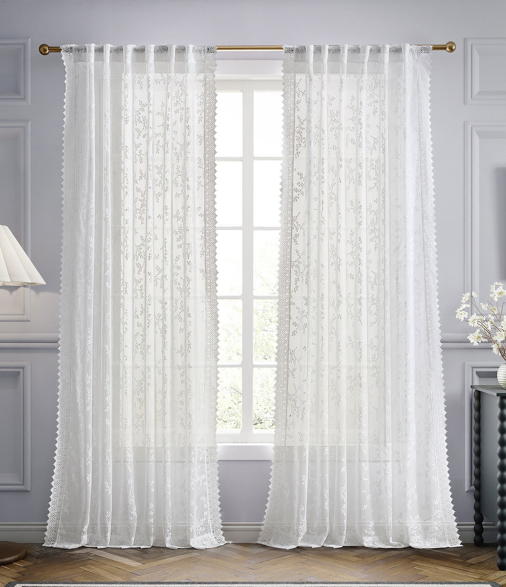 Ted Baker London Chantilly Floral White Lace Backtab Curtain Panel Pair, Set of 2