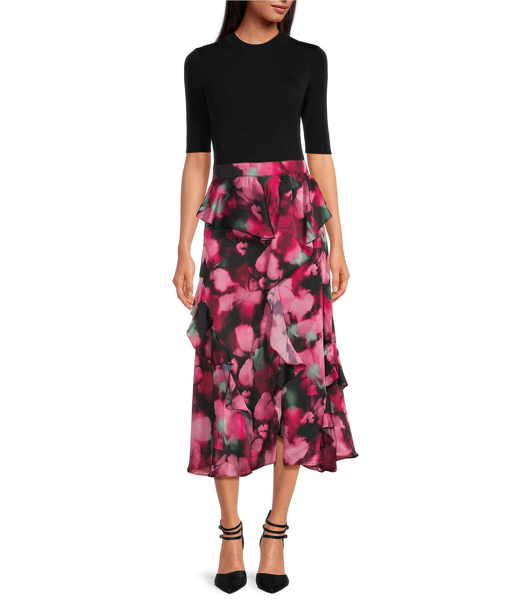 Ted Baker London Darciia Floral Print Mixed Media Solid Knit Ruffled A ...