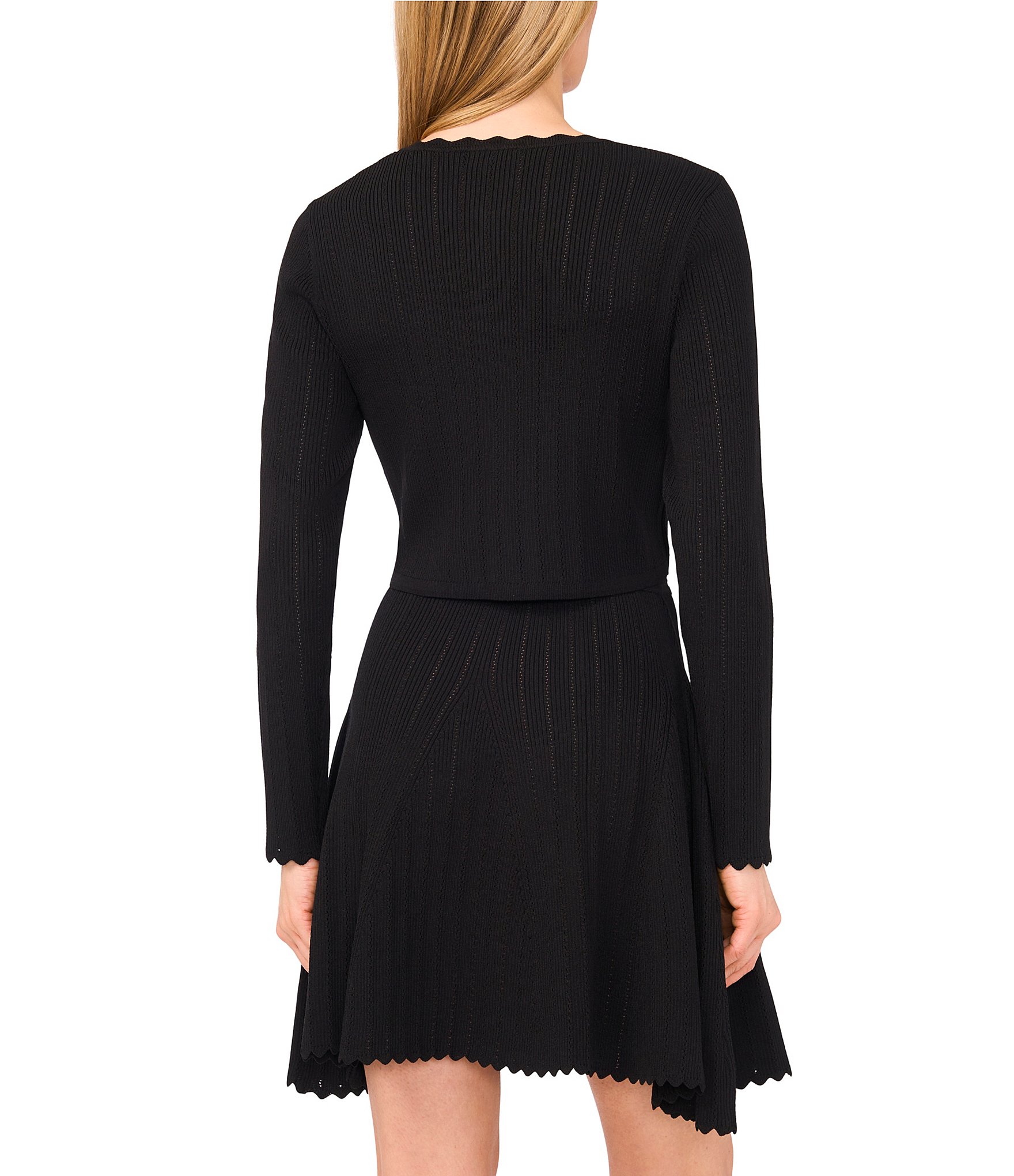 Ted Baker London Ribbed Pointelle Scallop Round Neck Long Sleeve Cardigan