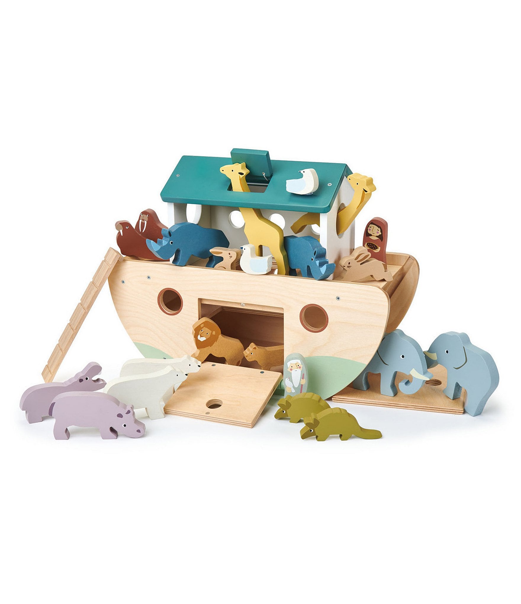 Wooden Noahs Ark Toy for Kids and Mrs Tender Leaf Toys Noah an Ark on Wheel with 10 Pairs of Animals Mr Noahs Shape Sorter Ark 