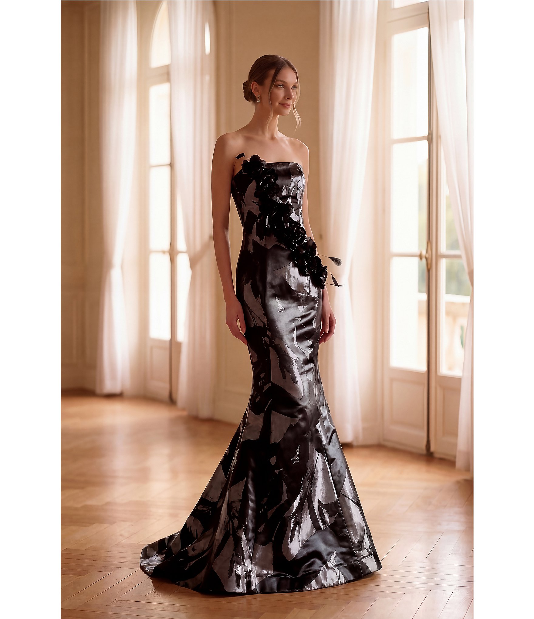 Terani Couture 3D Flower Strapless Long Dress