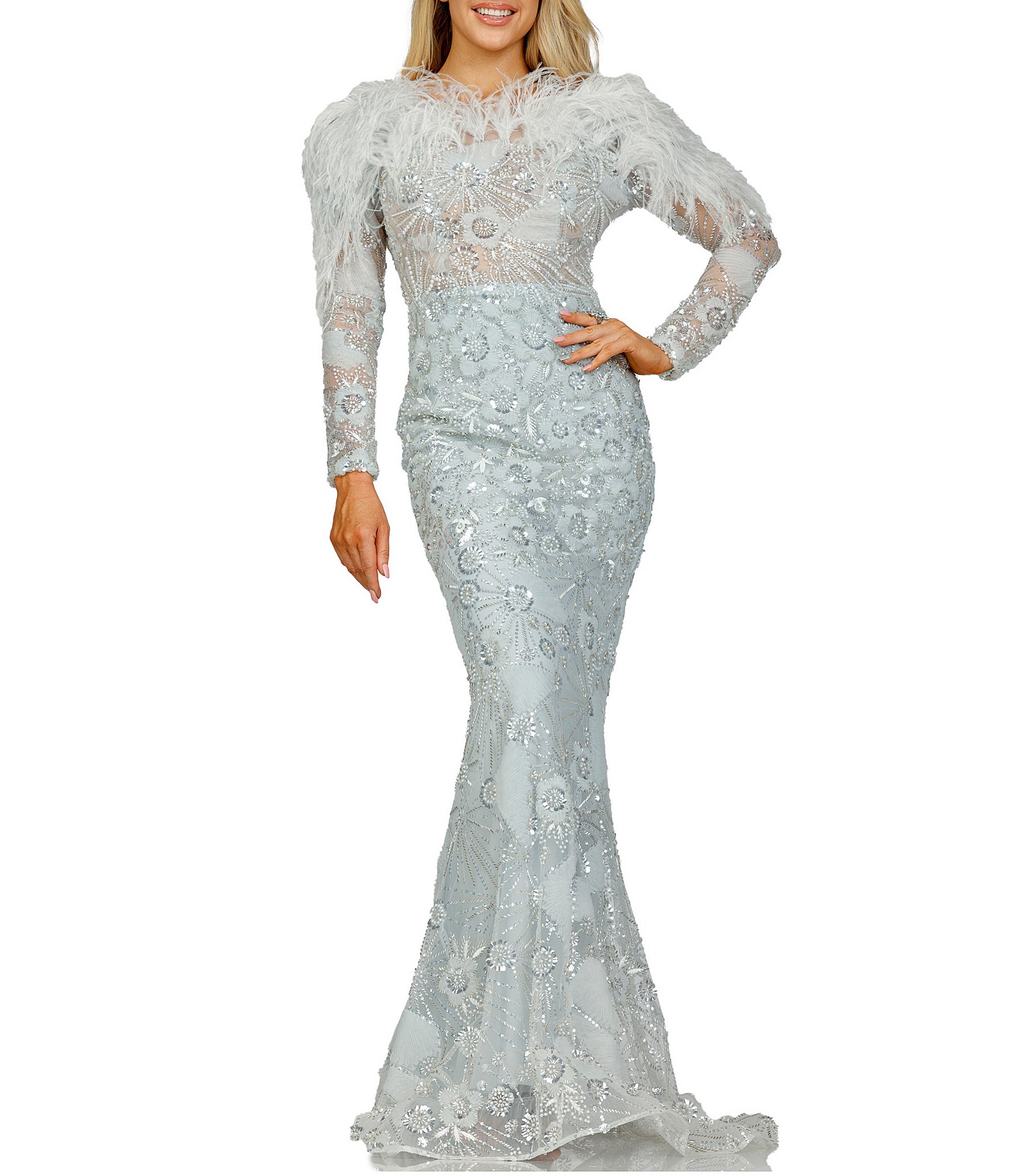 Terani Couture Beaded Feather Jewel Neck Long Sleeve Mermaid Gown Dillards 0201