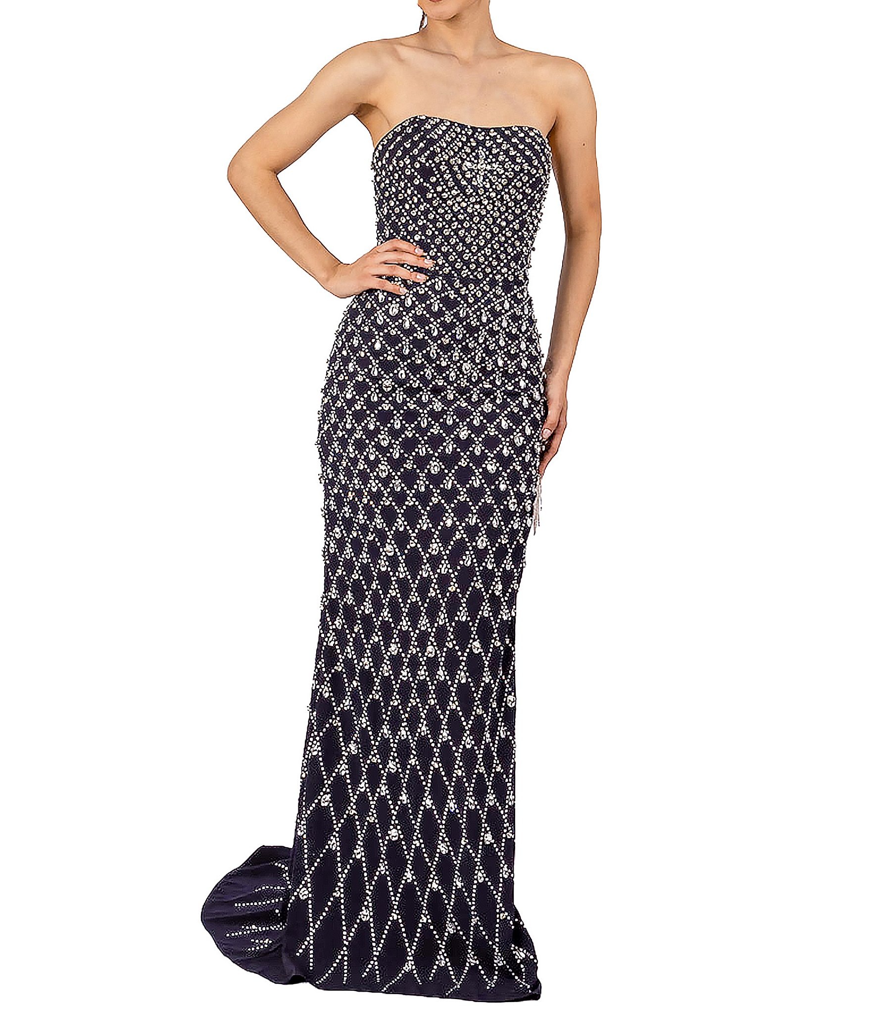 Terani Couture Beaded Strapless Fringe Side Slit Trim Gown | Dillard's
