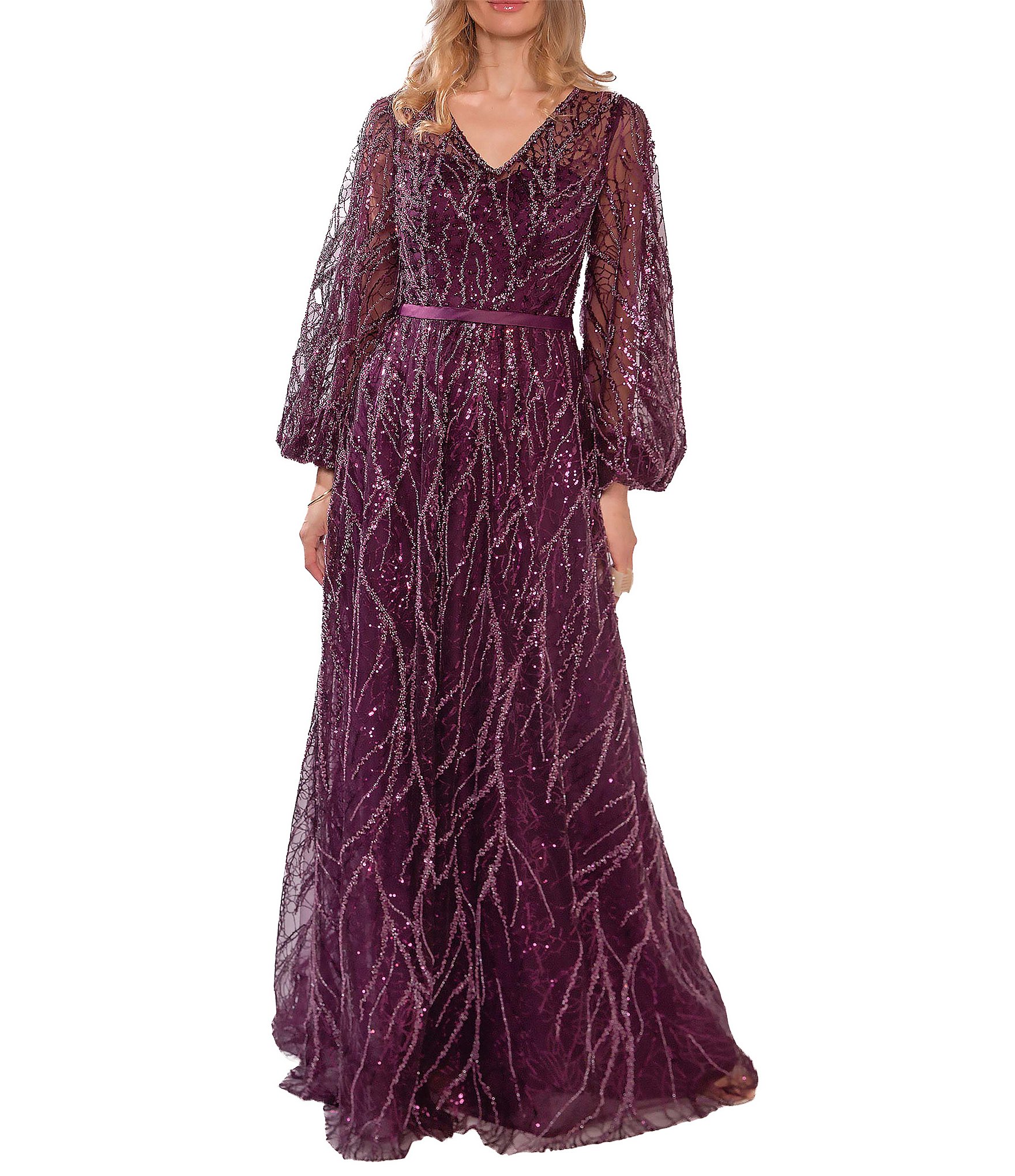 Terani Couture Lace V-Neck Long Sleeve Gown