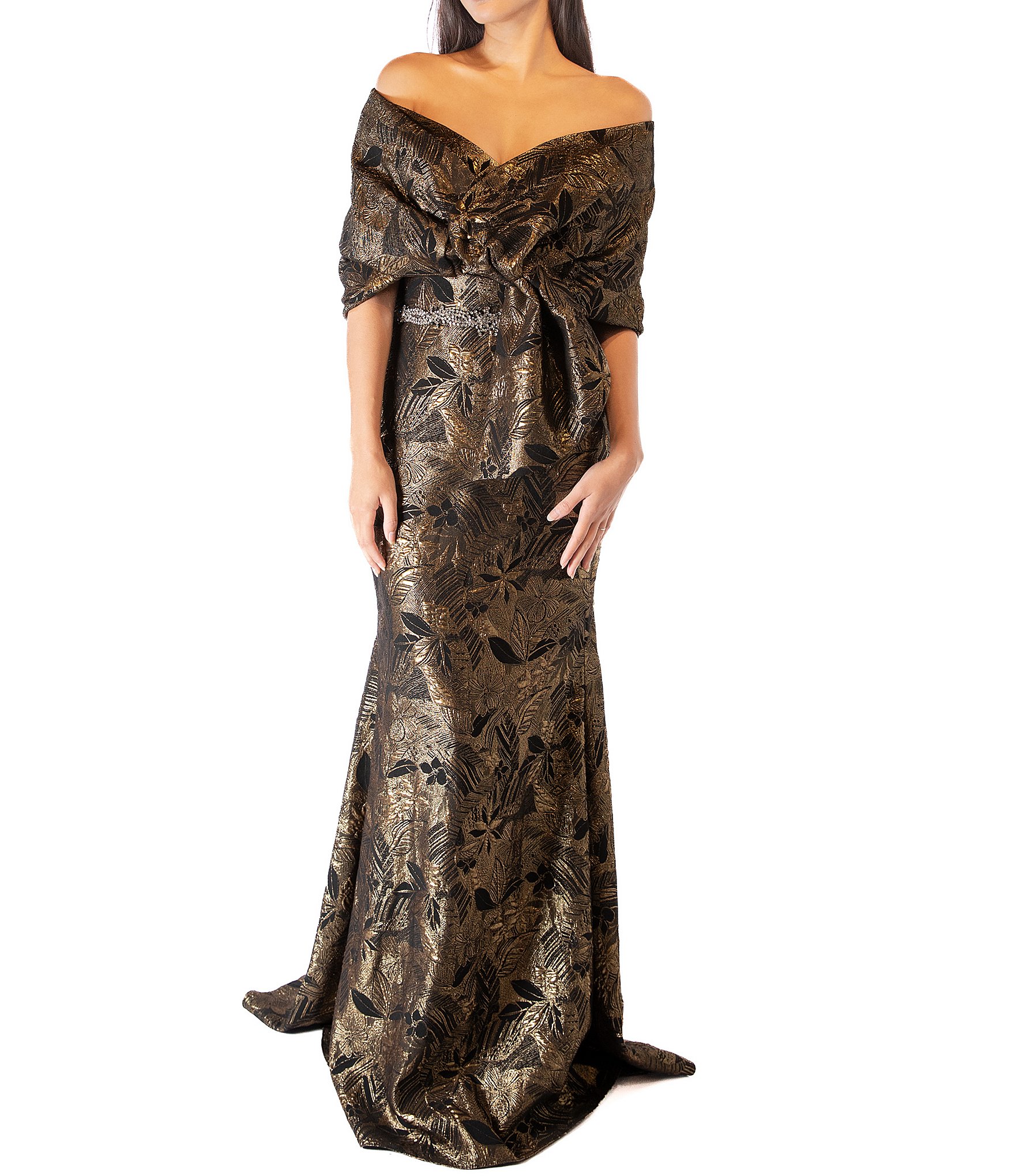 Terani Couture Brocade Off-the-Shoulder Mermaid Gown with Shawl | Dillard's