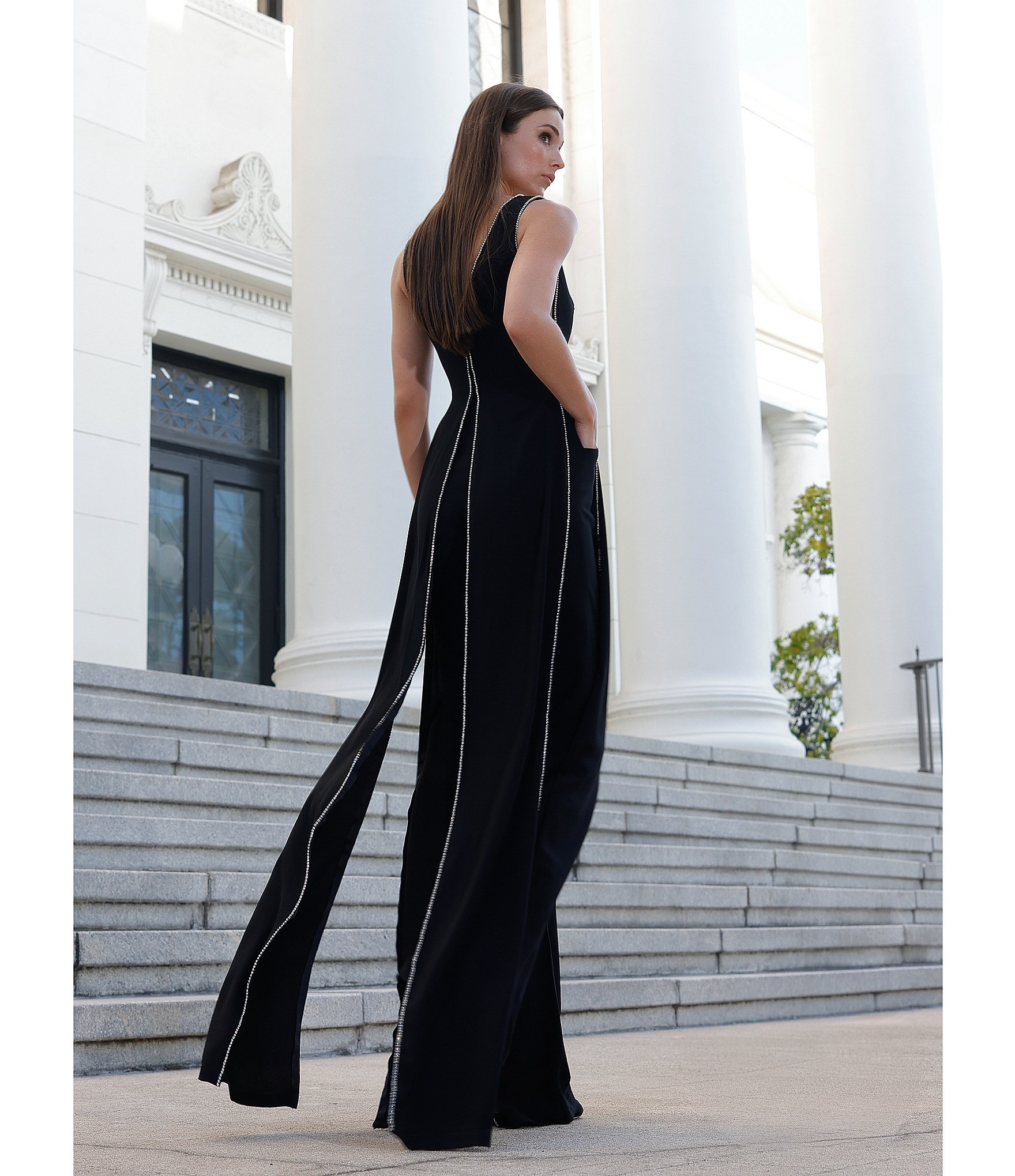 Terani Couture Crepe Low V Neck Sleeveless Jumpsuit