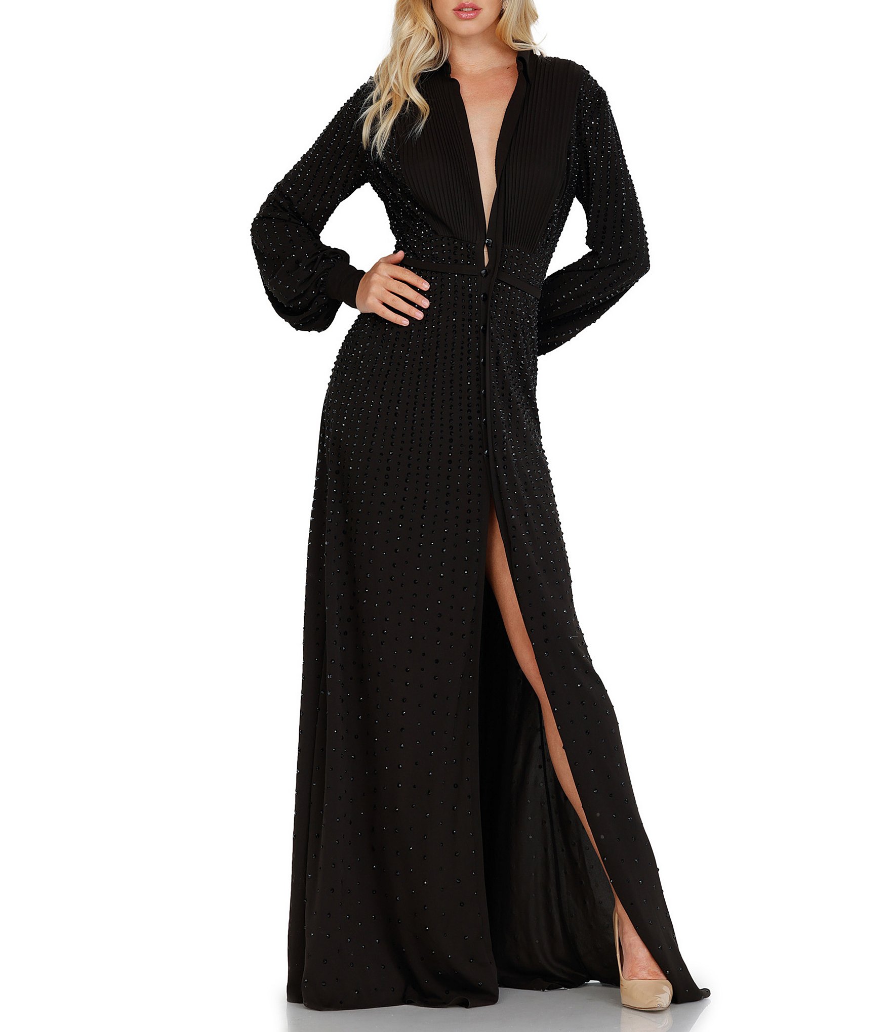 Terani Couture Deep V-Neck Long Sleeve Front Slit Gown
