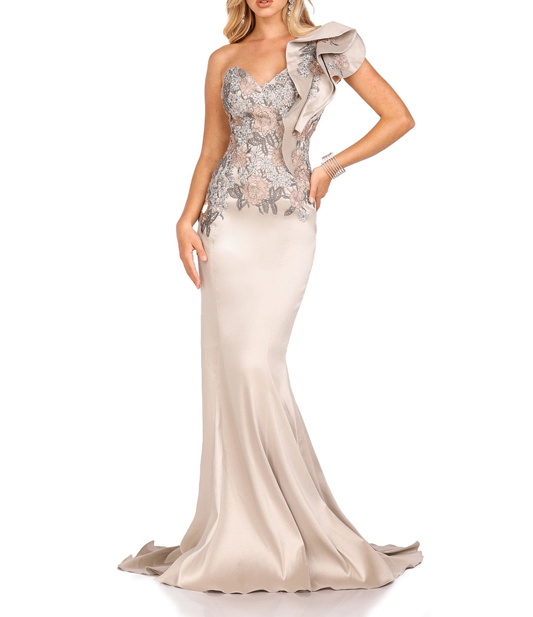 Terani Couture Embroidered One Shoulder Sleeveless Mermaid