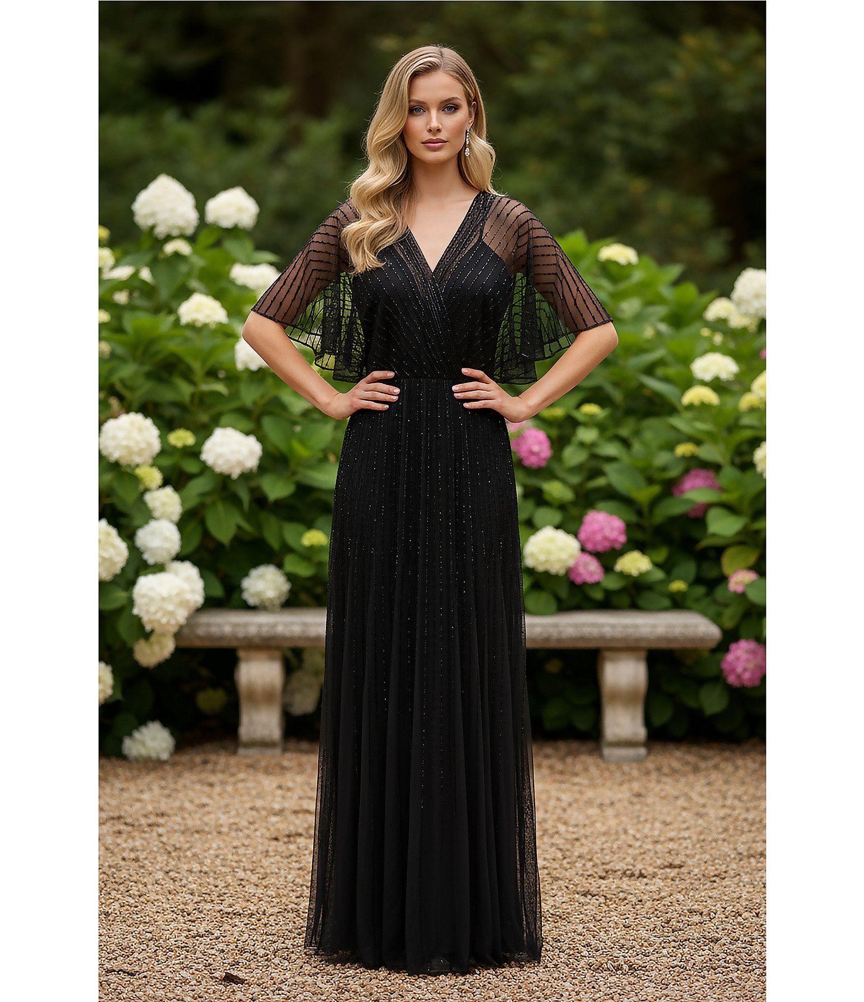 Terani Couture Flutter Sleeve Sequin Mesh Blouson Gown