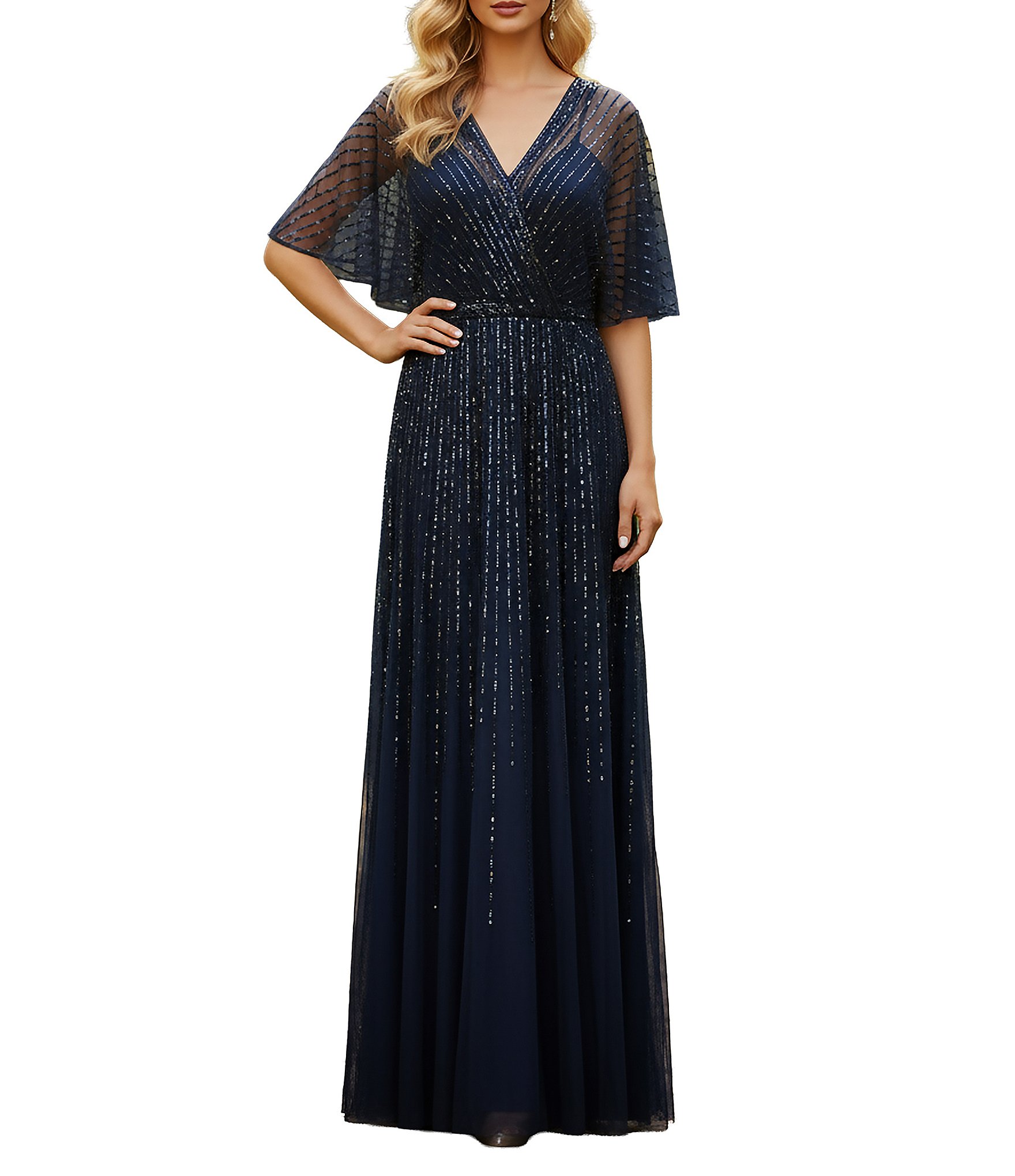 elegant mermaid evening dresses Navy Embroidered Gown with Silver Cape Sleeves – VALDRIN SAHITI main image 1