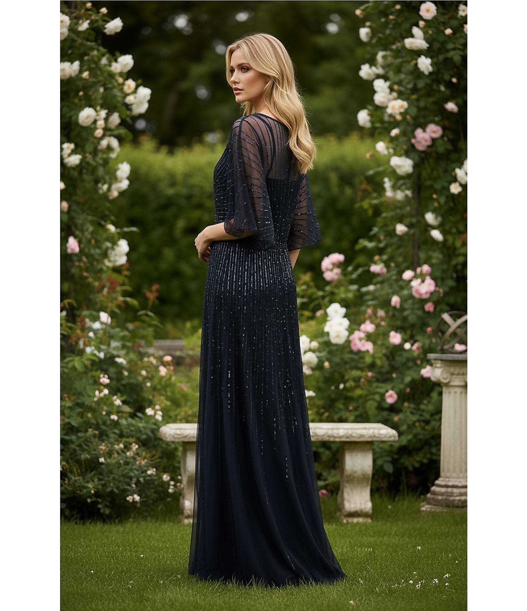 Terani Couture Flutter Sleeve Sequin Mesh Blouson Gown