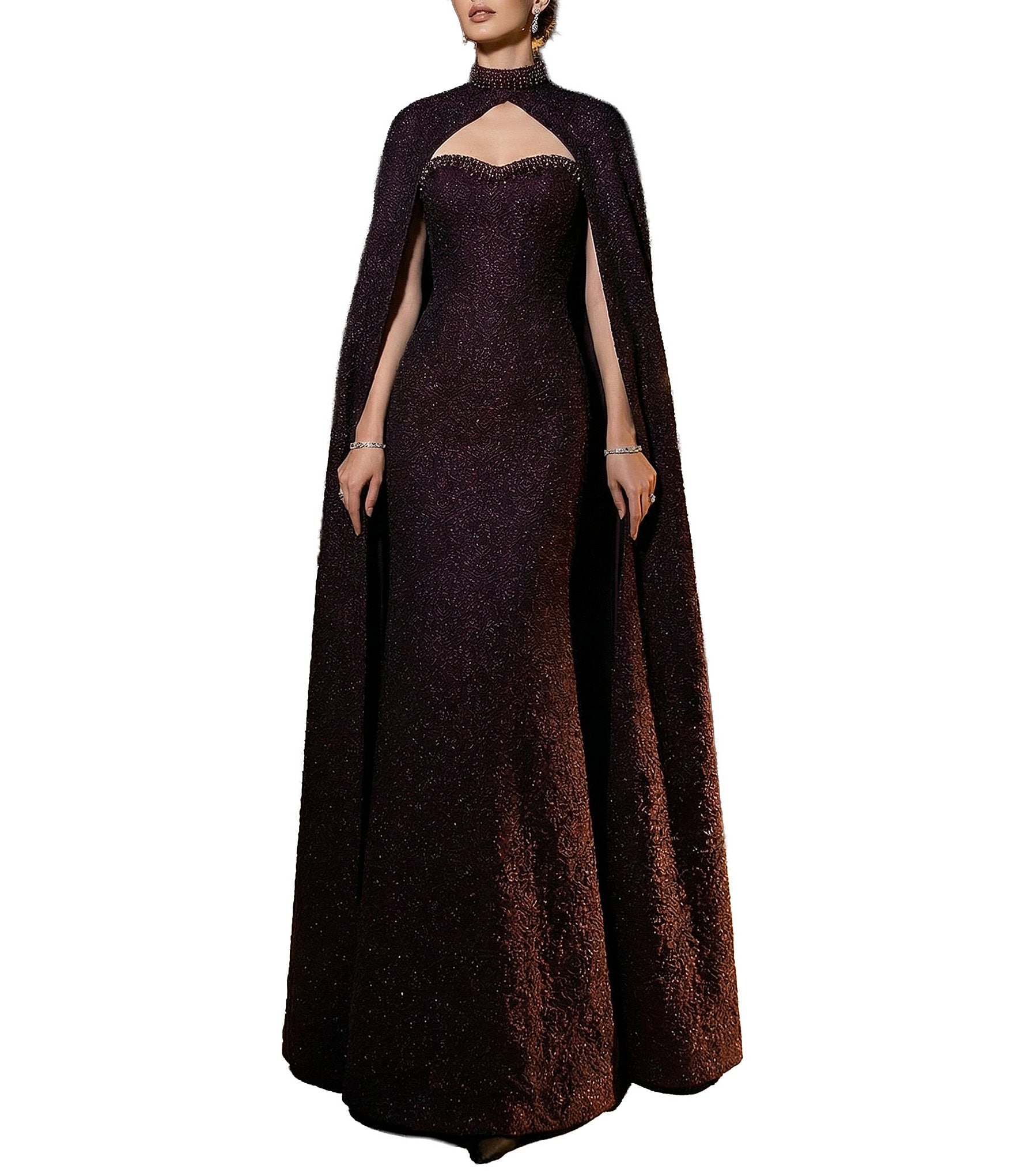 Terani Couture Halter Jacquard Capelet Gown