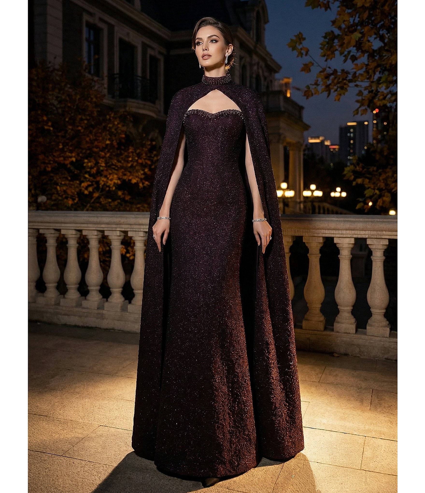 Terani Couture Halter Jacquard Capelet Gown