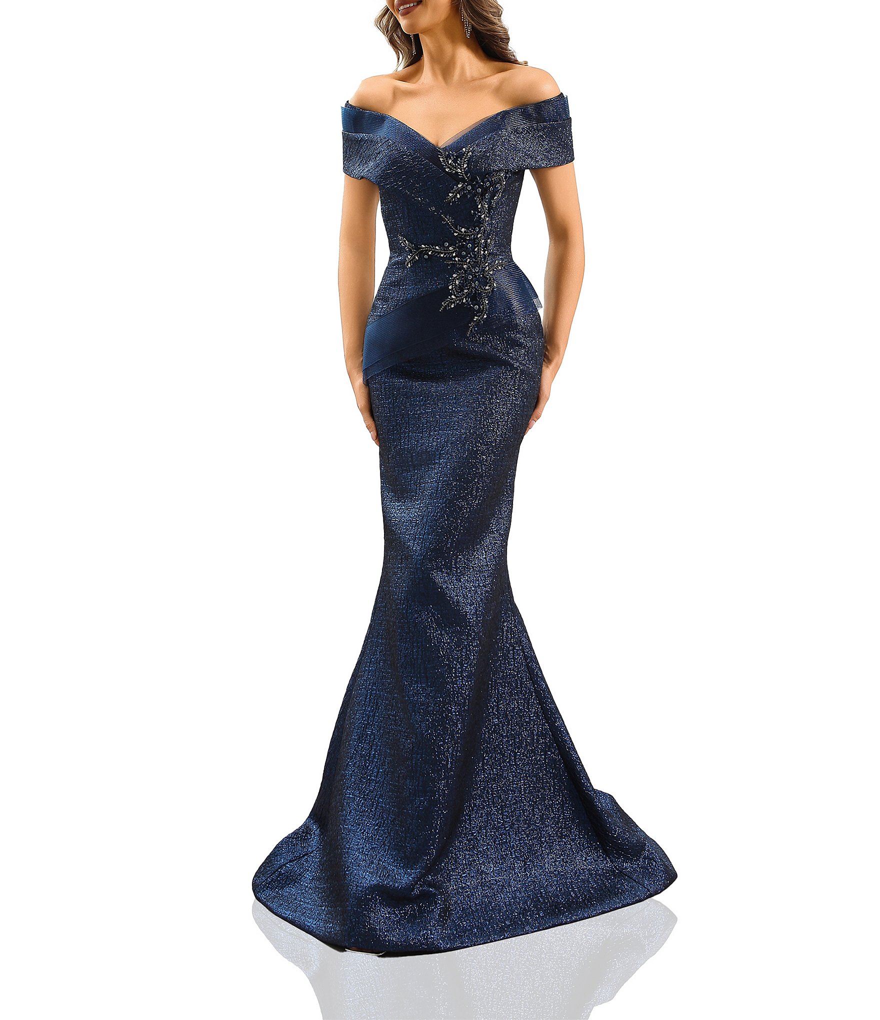 Terani Couture Metallic Jacquard Off-The-Shoulder Beaded Terani Couture Metallic Jacquard Off-The-Shoulder Beaded