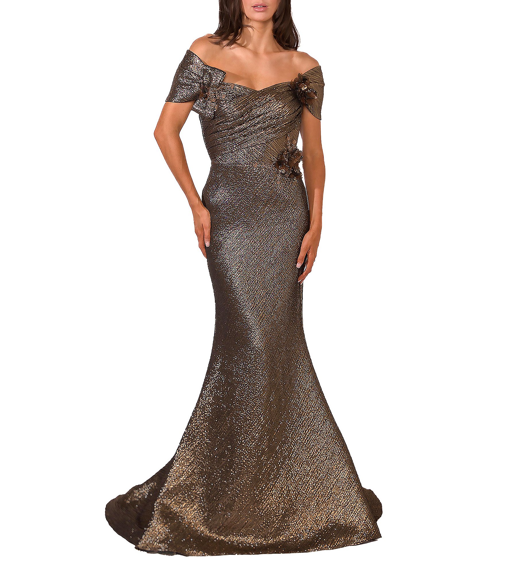 Terani Couture Metallic Off-the-Shoulder Cap Sleeve Mermaid Gown ...