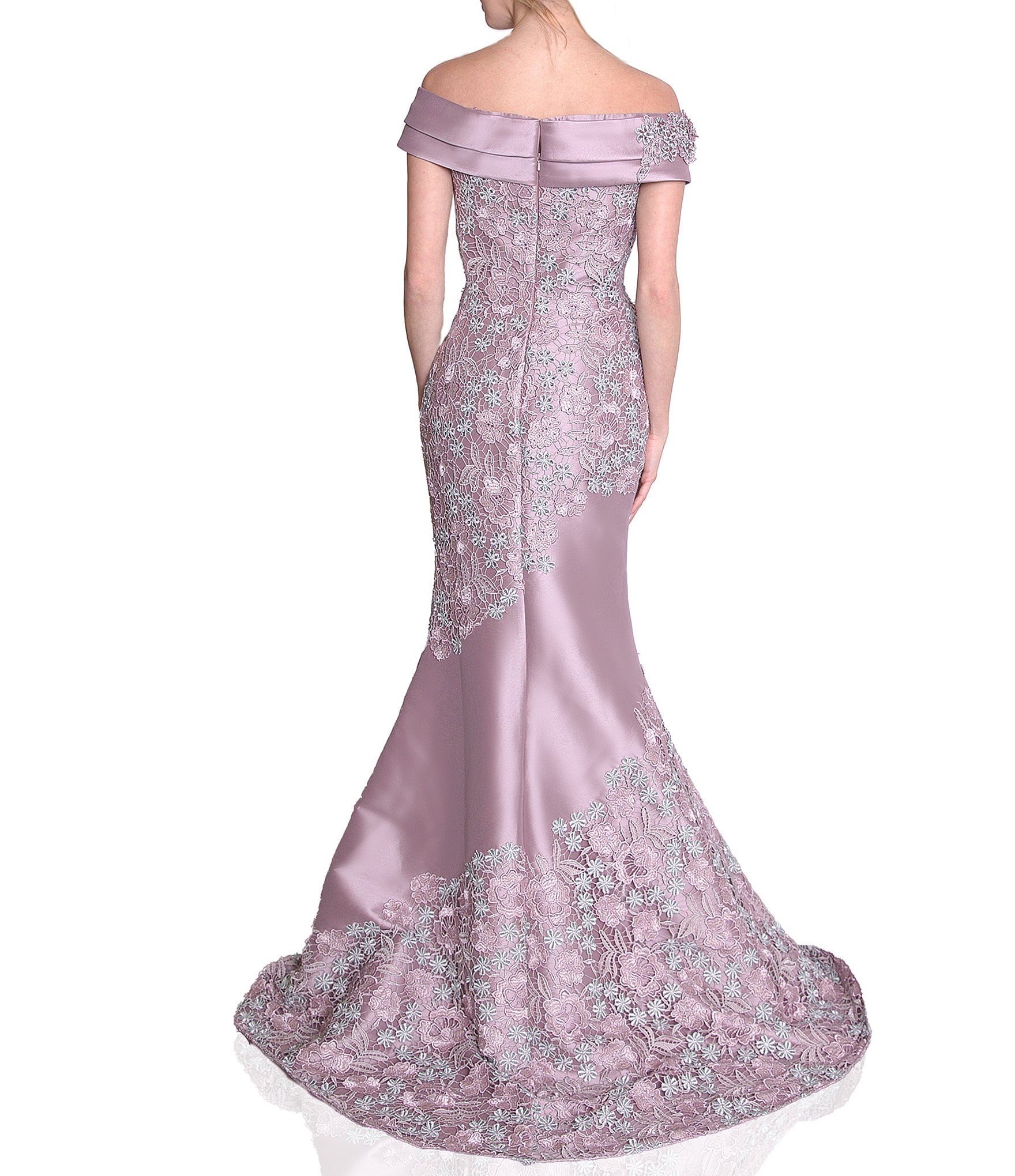 Terani Couture Mikado 3D Floral Embroidered Off-the-Shoulder Cap Sleeve Mermaid Gown