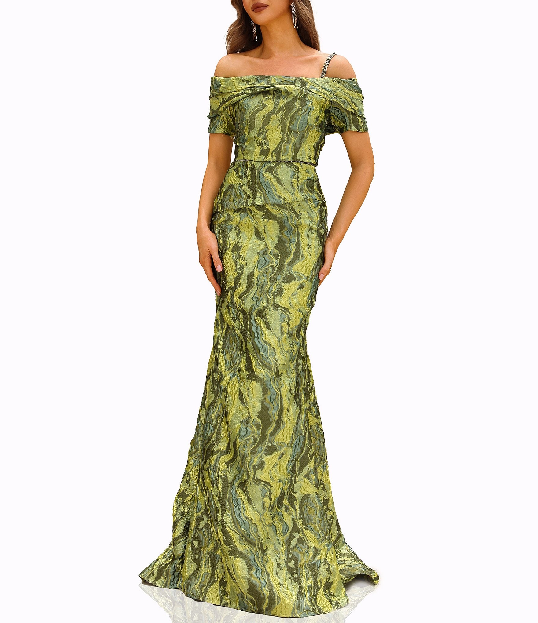 Terani Couture Off Shoulder 1 Strap Jacquard Mermaid Gown
