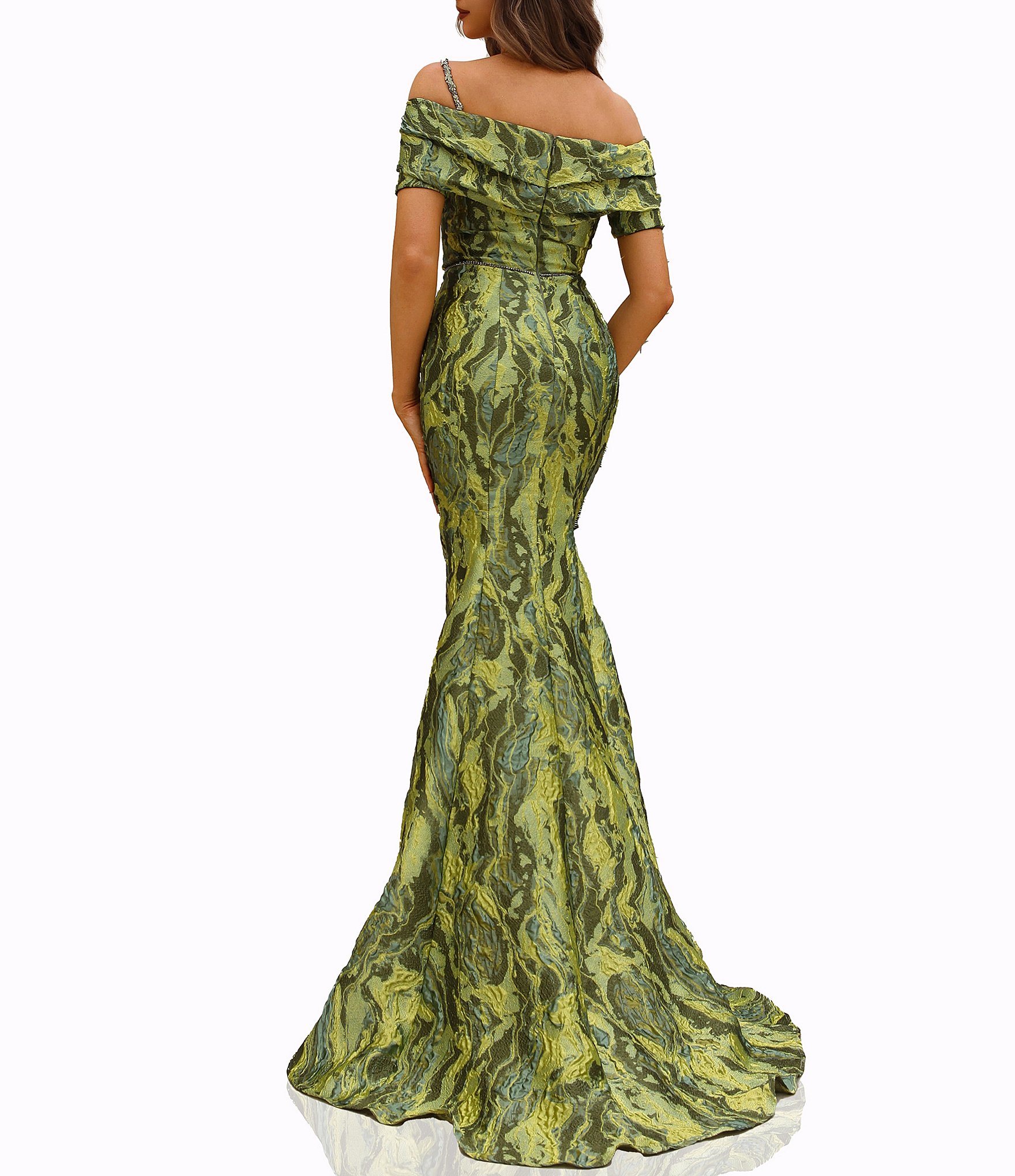 Terani Couture Off Shoulder 1 Strap Jacquard Mermaid Gown