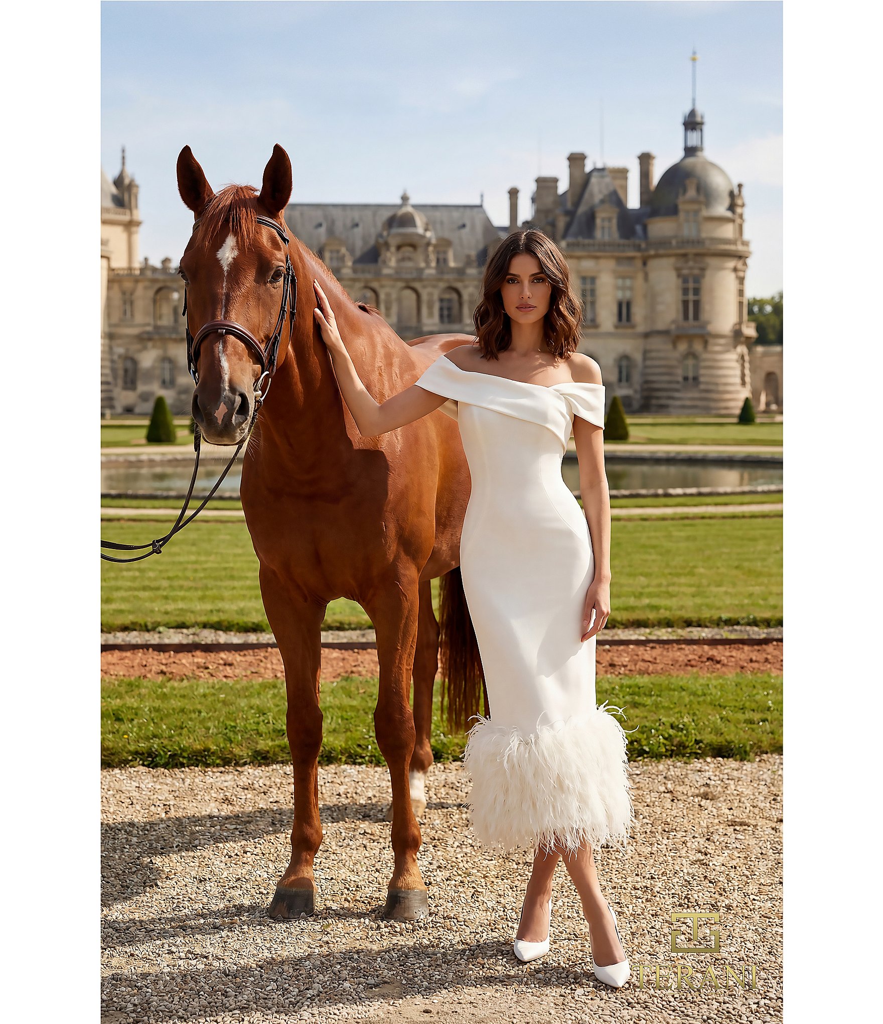 Terani Couture Off Shoulder Sheath Midi Dress With Feather Hem