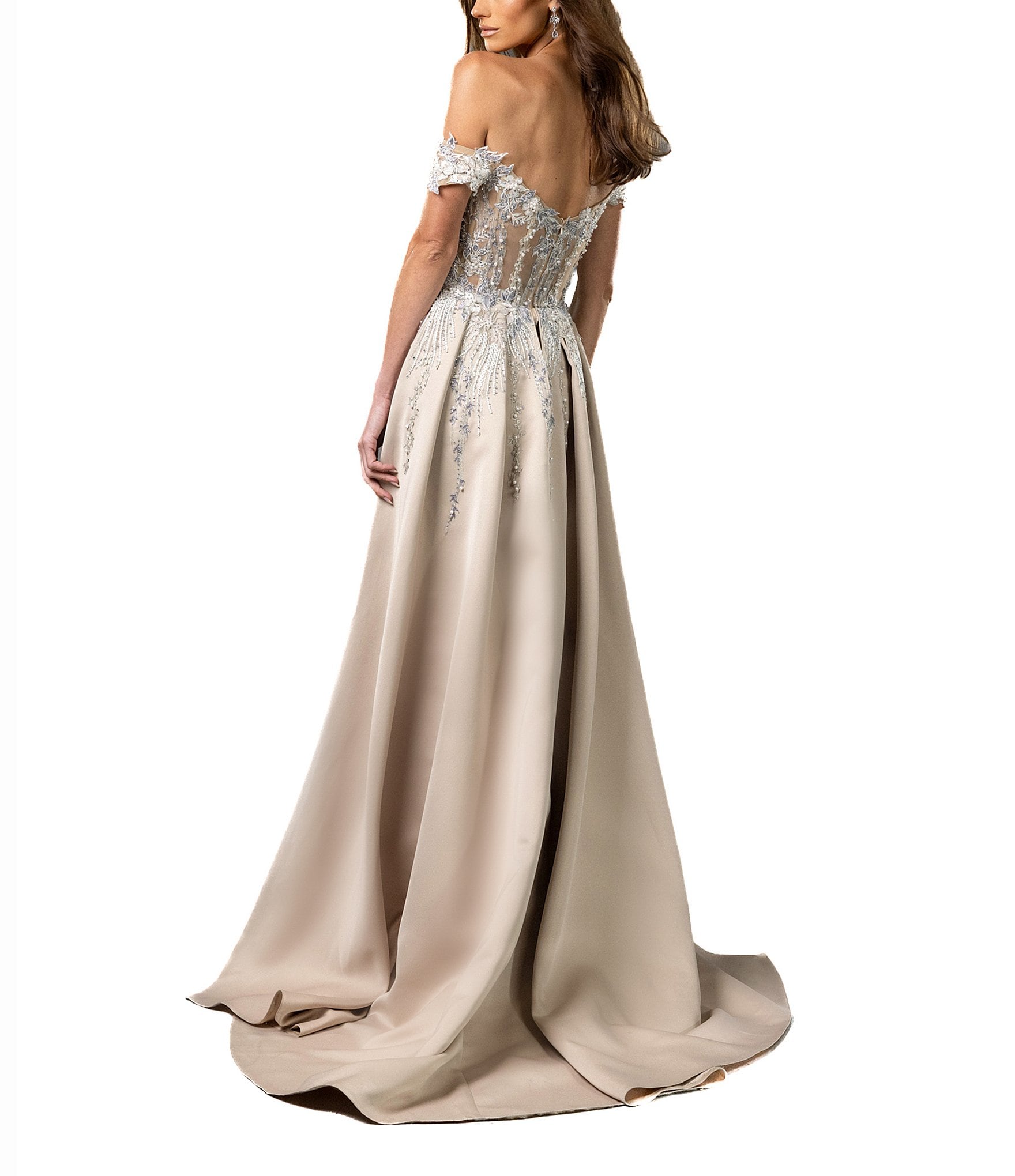 Terani Couture Off The Shoulder Lace Mermaid Gown With Over Skirt