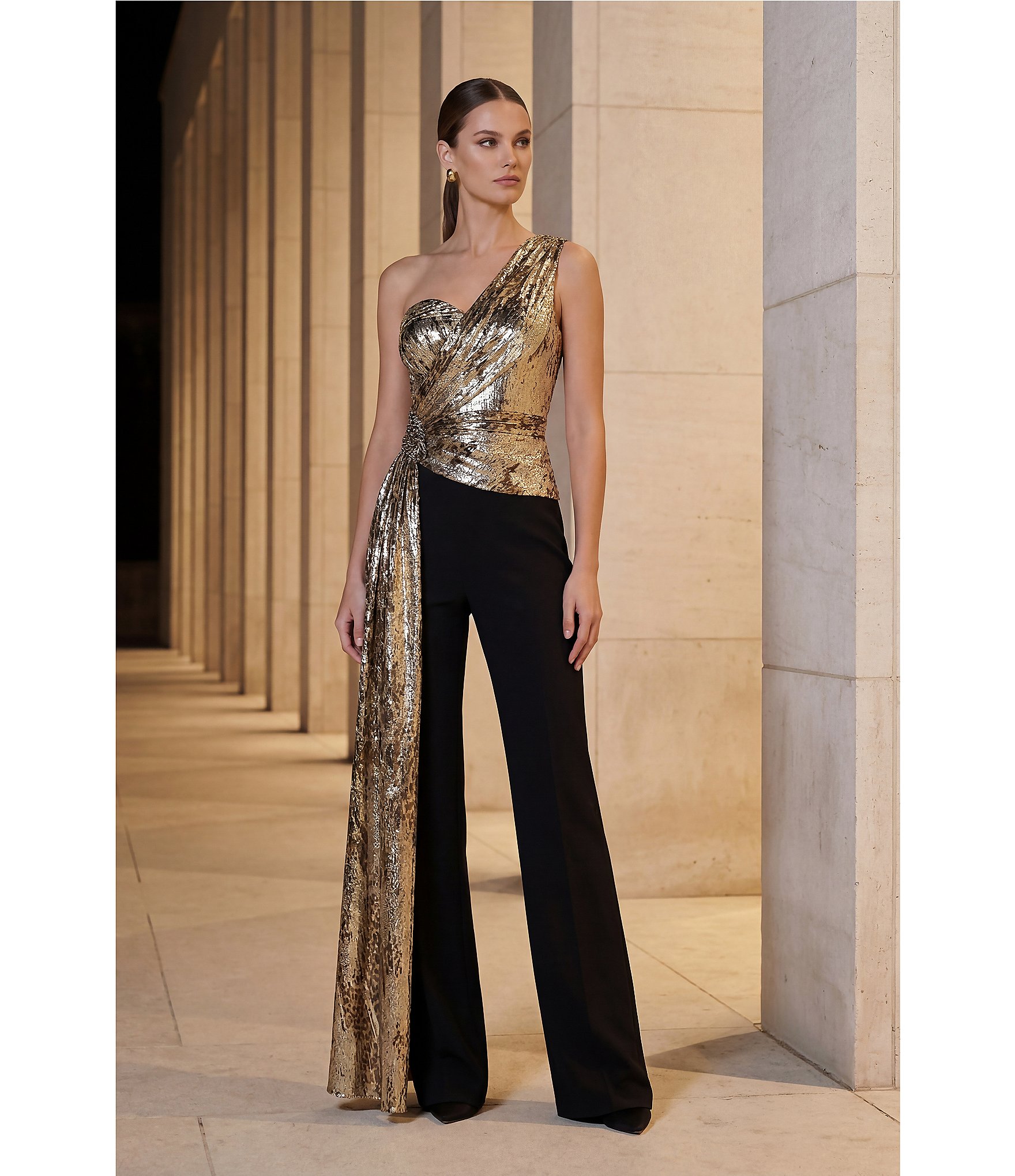 Terani Couture One Shoulder Metallic Drape Jumpsuit