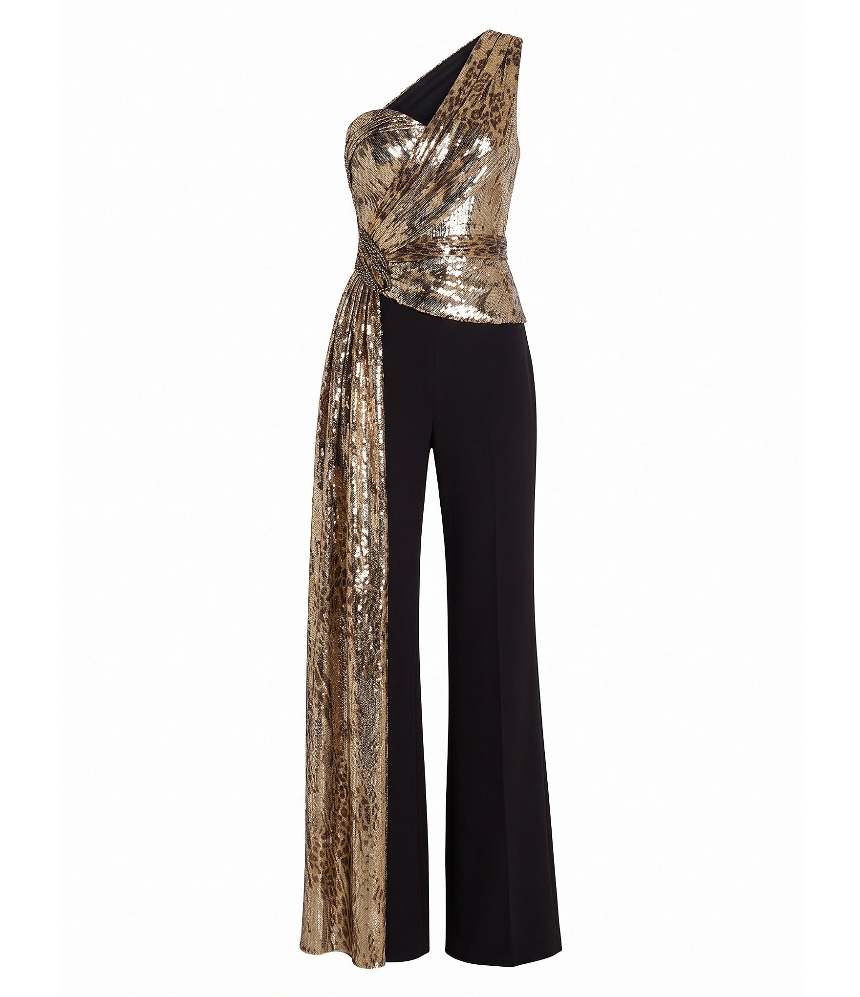Terani Couture One Shoulder Metallic Drape Jumpsuit