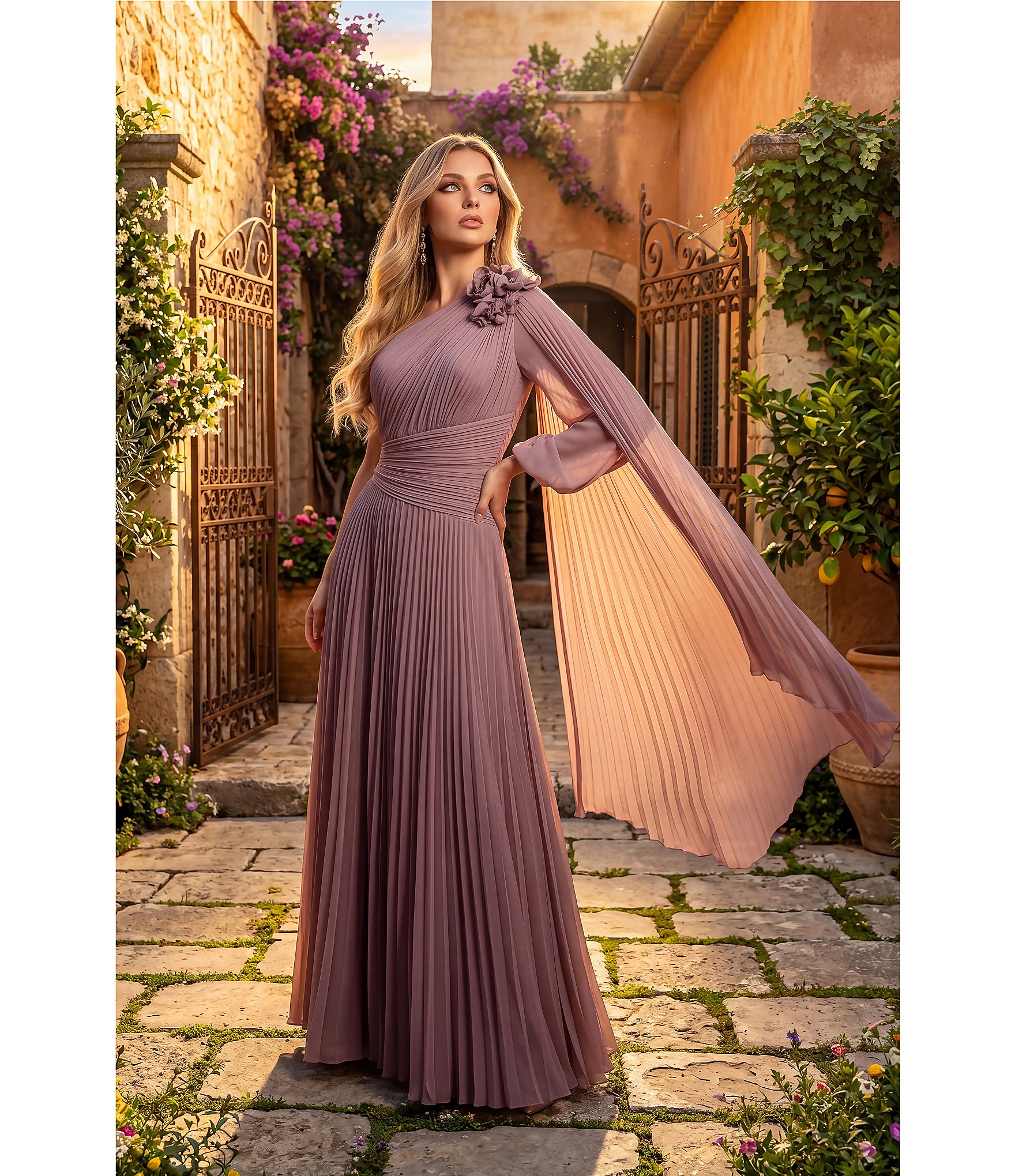 Terani Couture One Shoulder Pleated Chiffon Gown