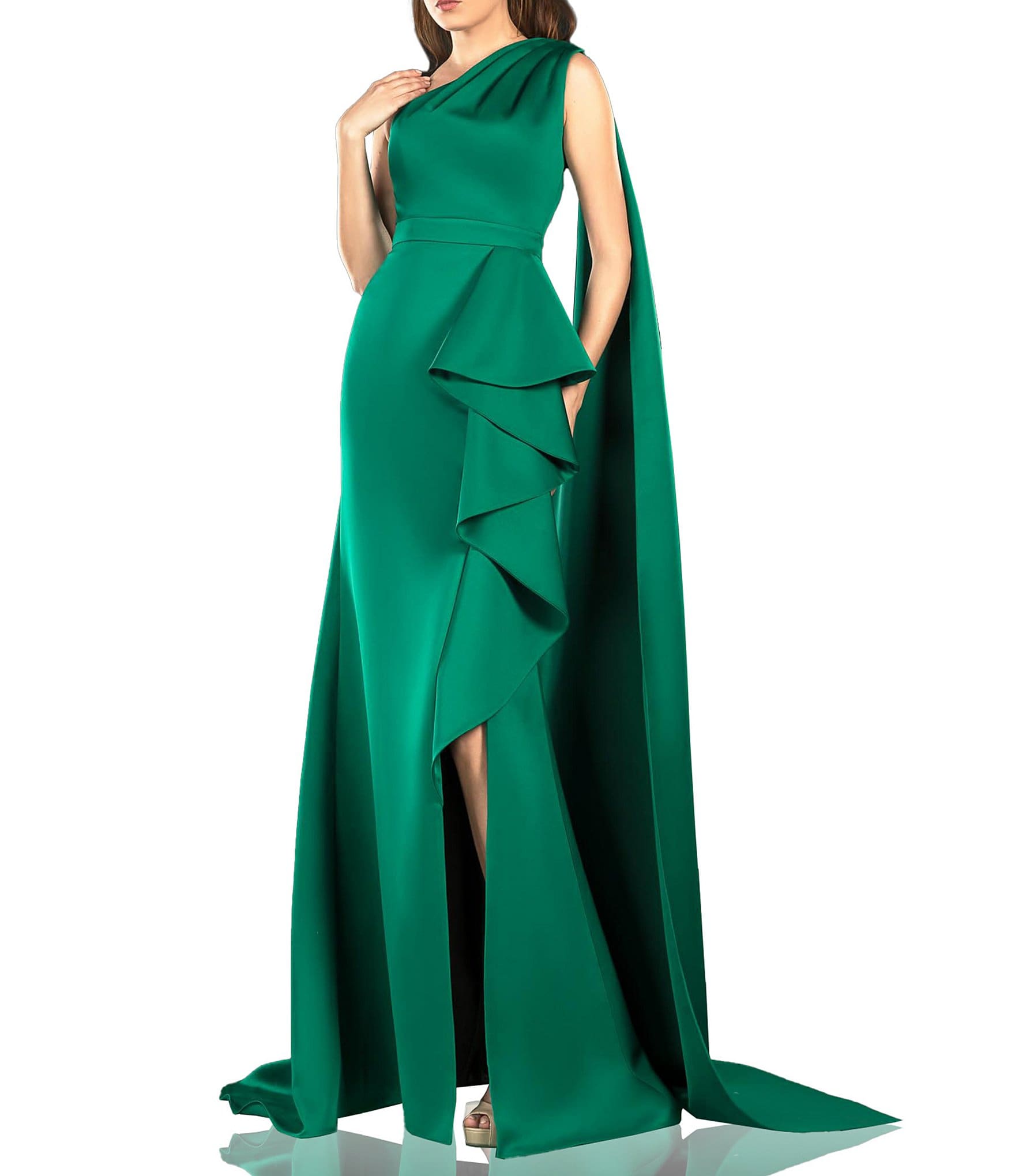 Terani Couture One Shoulder Ruffle Drape Back Mermaid Gown | Dillard's