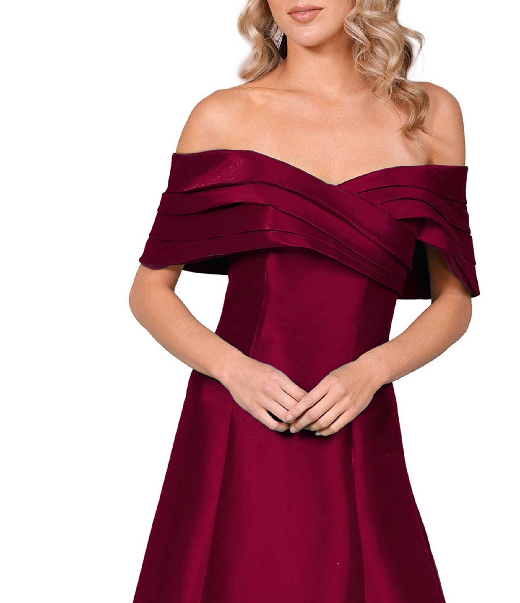 Terani Couture Pleated Off-the-Shoulder A-Line Gown