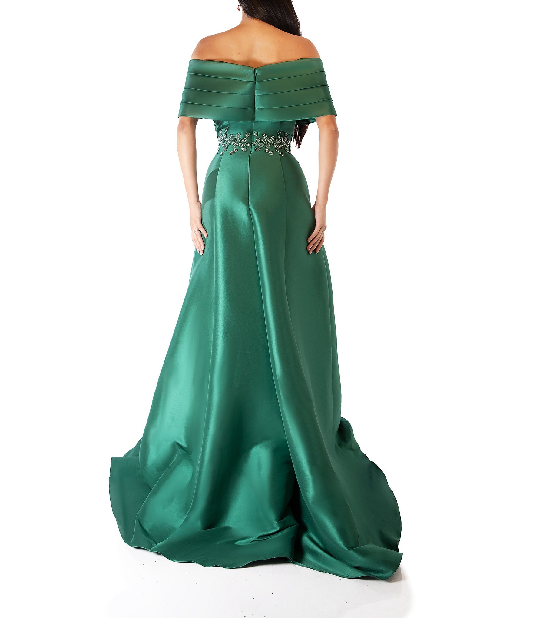 Terani Couture Pleated Off-the-Shoulder Waist Applique Ball Gown