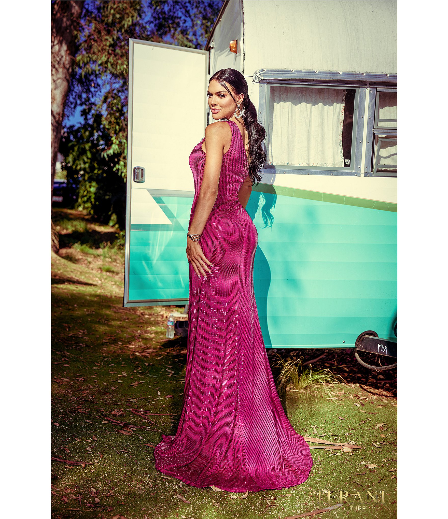 Terani Couture Sequin One Shoulder Open Front Embellished Sheath Long Dress