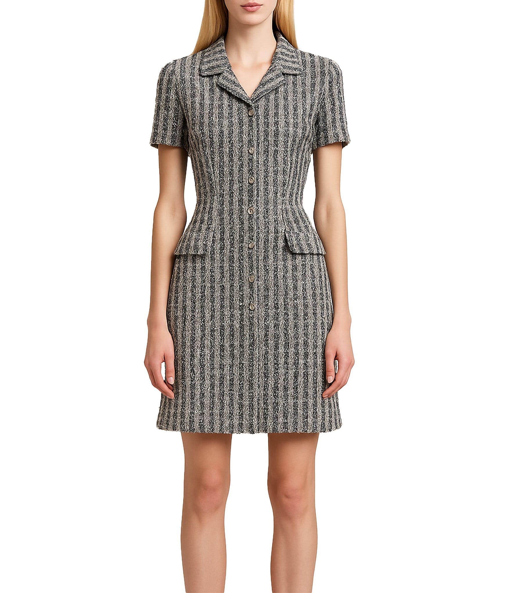 Terani Couture Short Sleeve Sequin Tweed A-Line Mini Dress