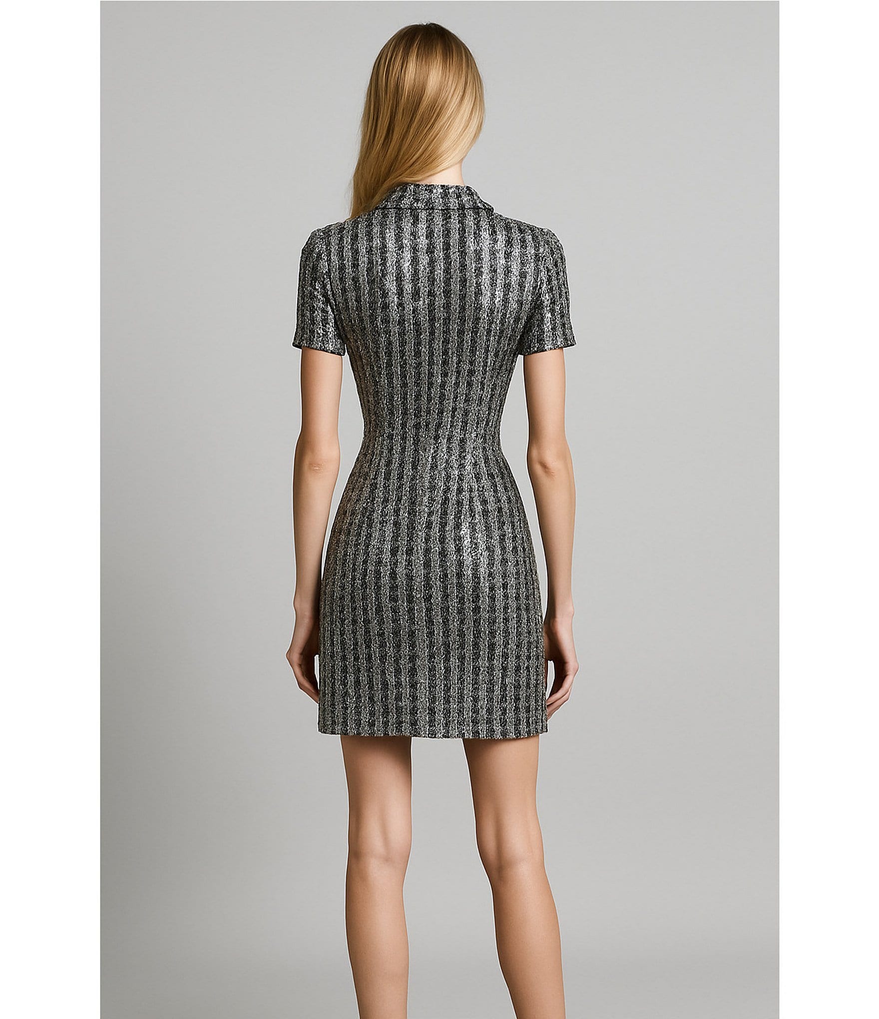 Terani Couture Short Sleeve Sequin Tweed A-Line Mini Dress