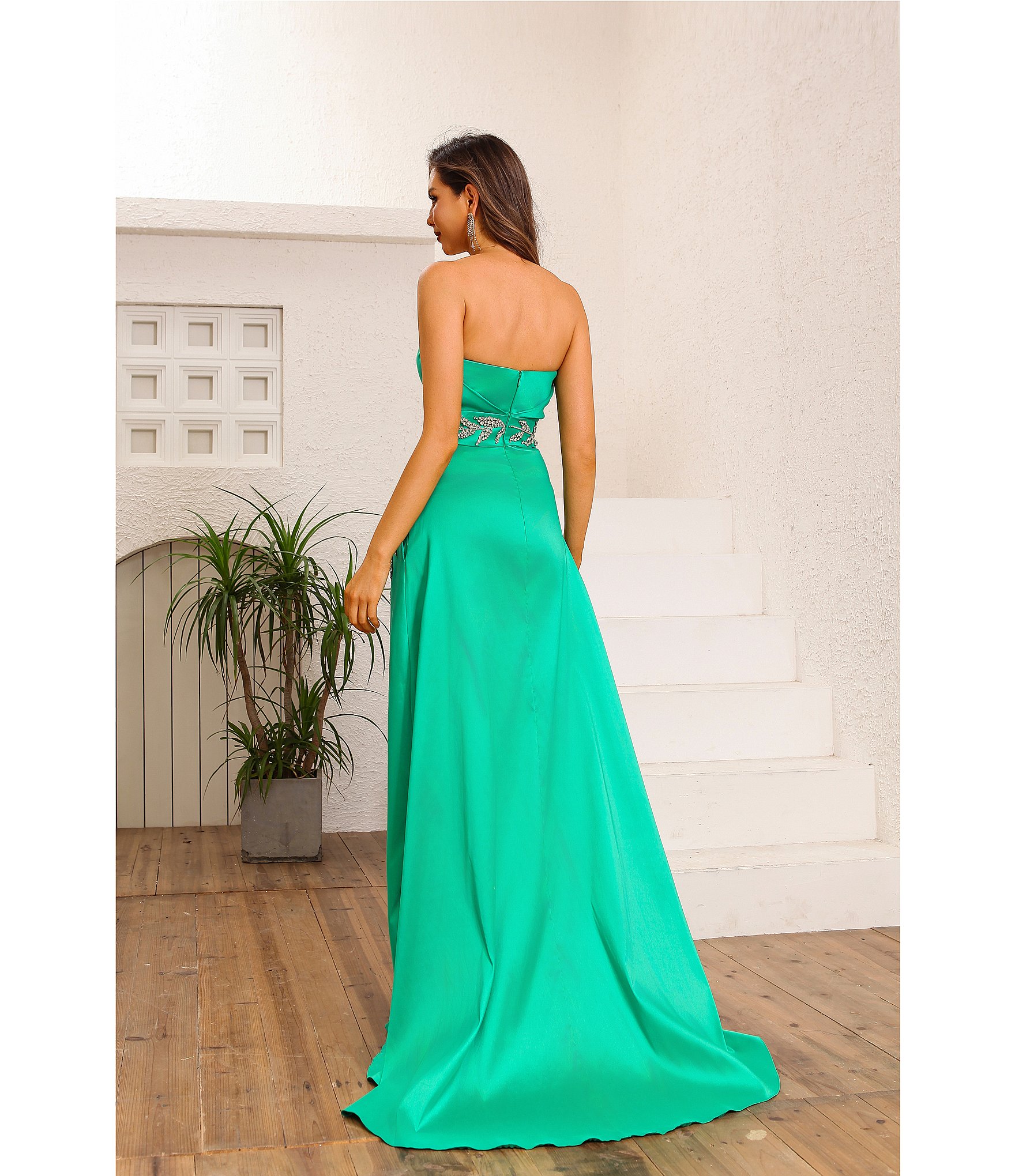 Terani Couture Strapless Ruched Satin Beaded Leaf A-Line Gown