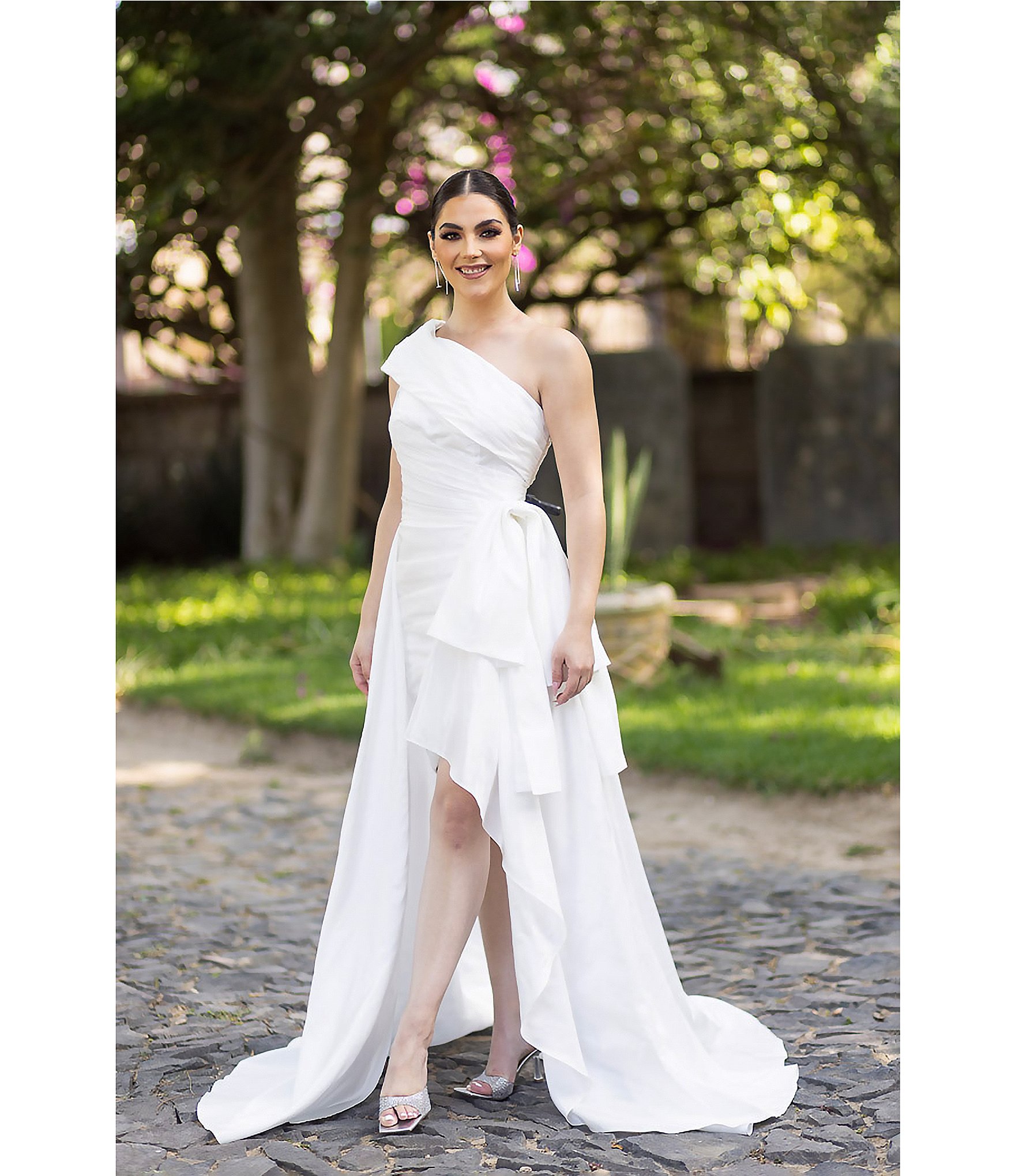 Terani Couture Taffeta One Shoulder Side Ruffle Hi-Low A-Line Gown