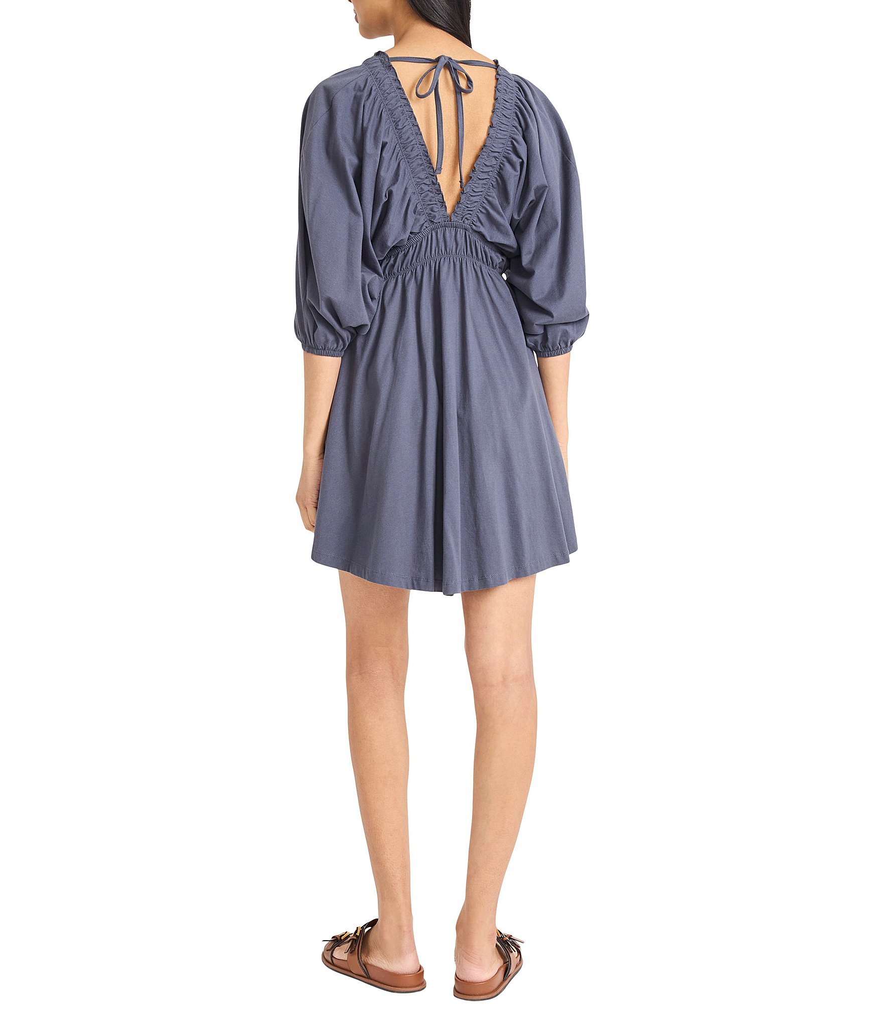 The Good Journey Double V Back 3/4 Sleeve Jersey Baby Doll Mini Dress