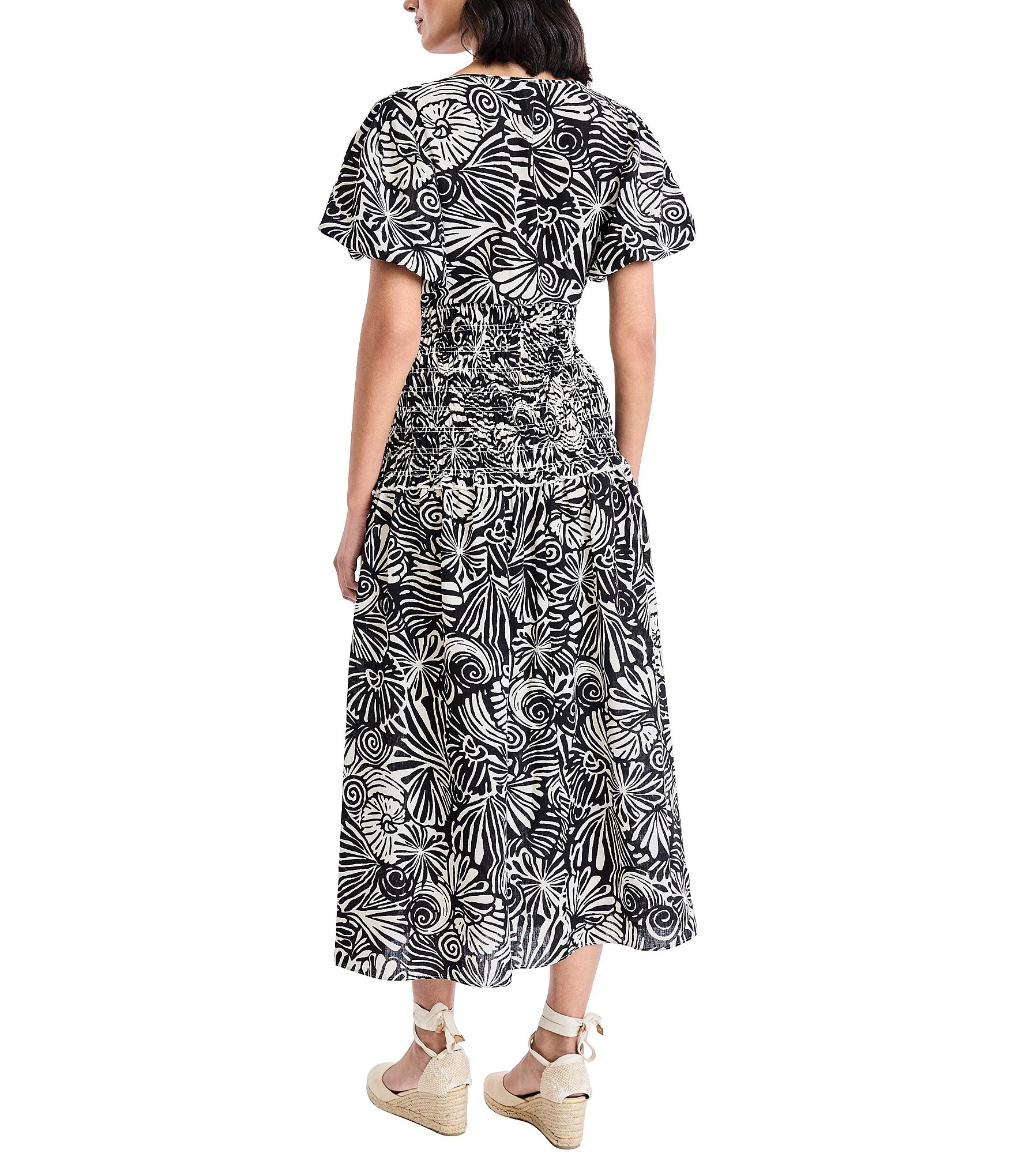 The Good Journey Linen Blend Square Neck Puff Sleeve A-Line Midi Dress