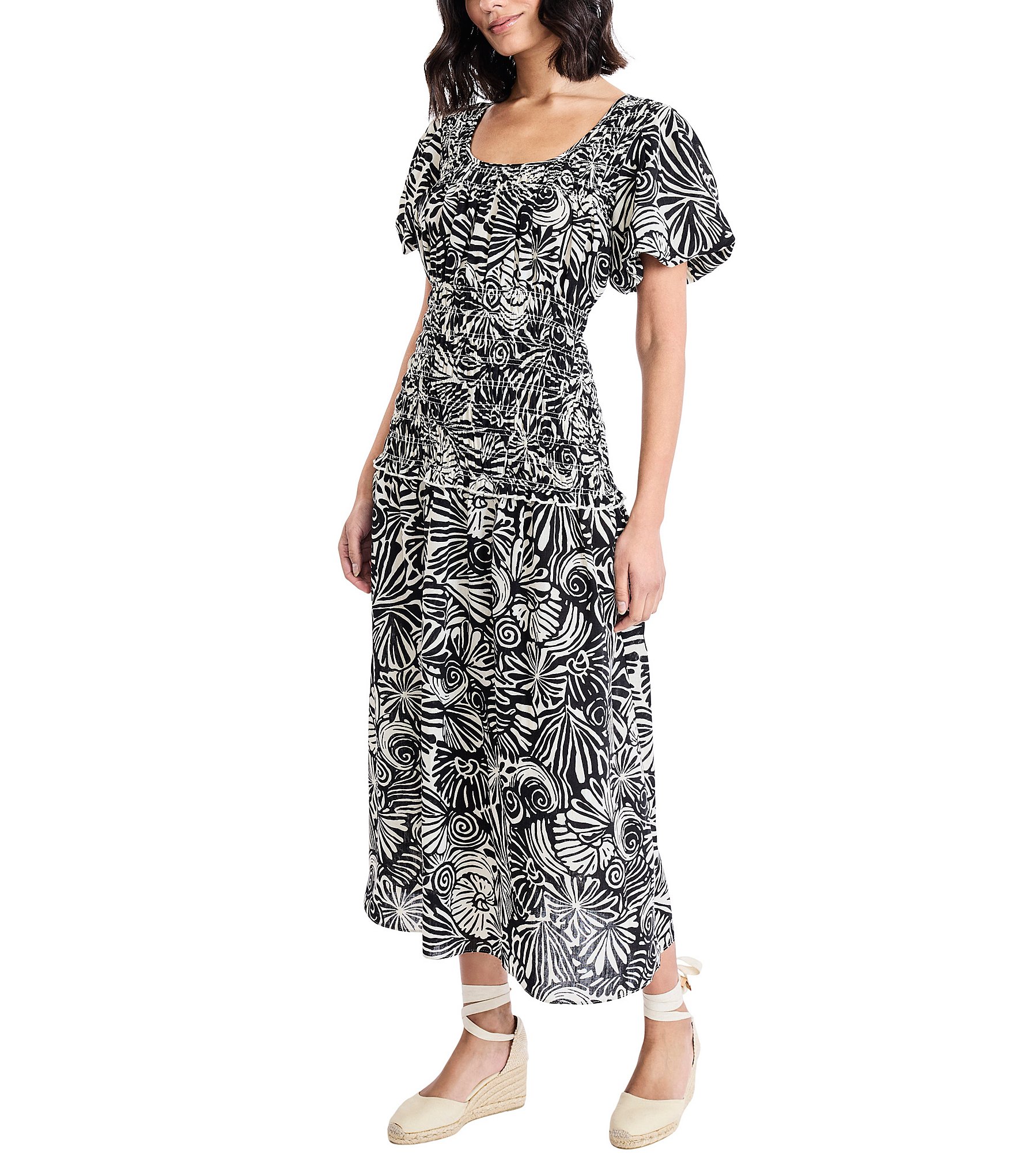 The Good Journey Linen Blend Square Neck Puff Sleeve A-Line Midi Dress
