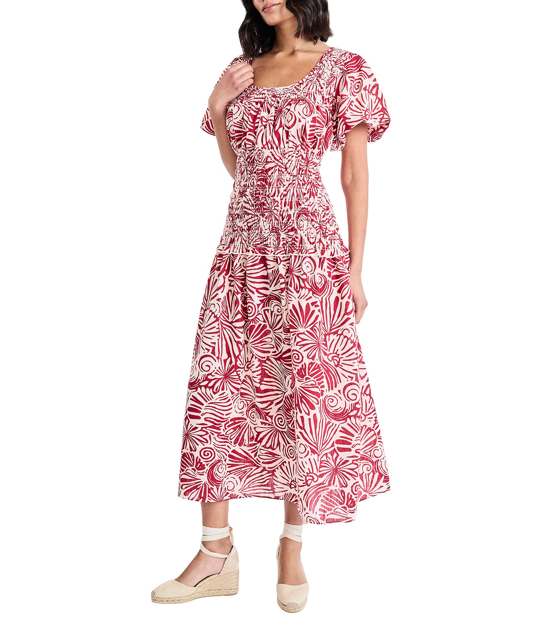 The Good Journey Linen Blend Square Neck Puff Sleeve A-Line Midi Dress