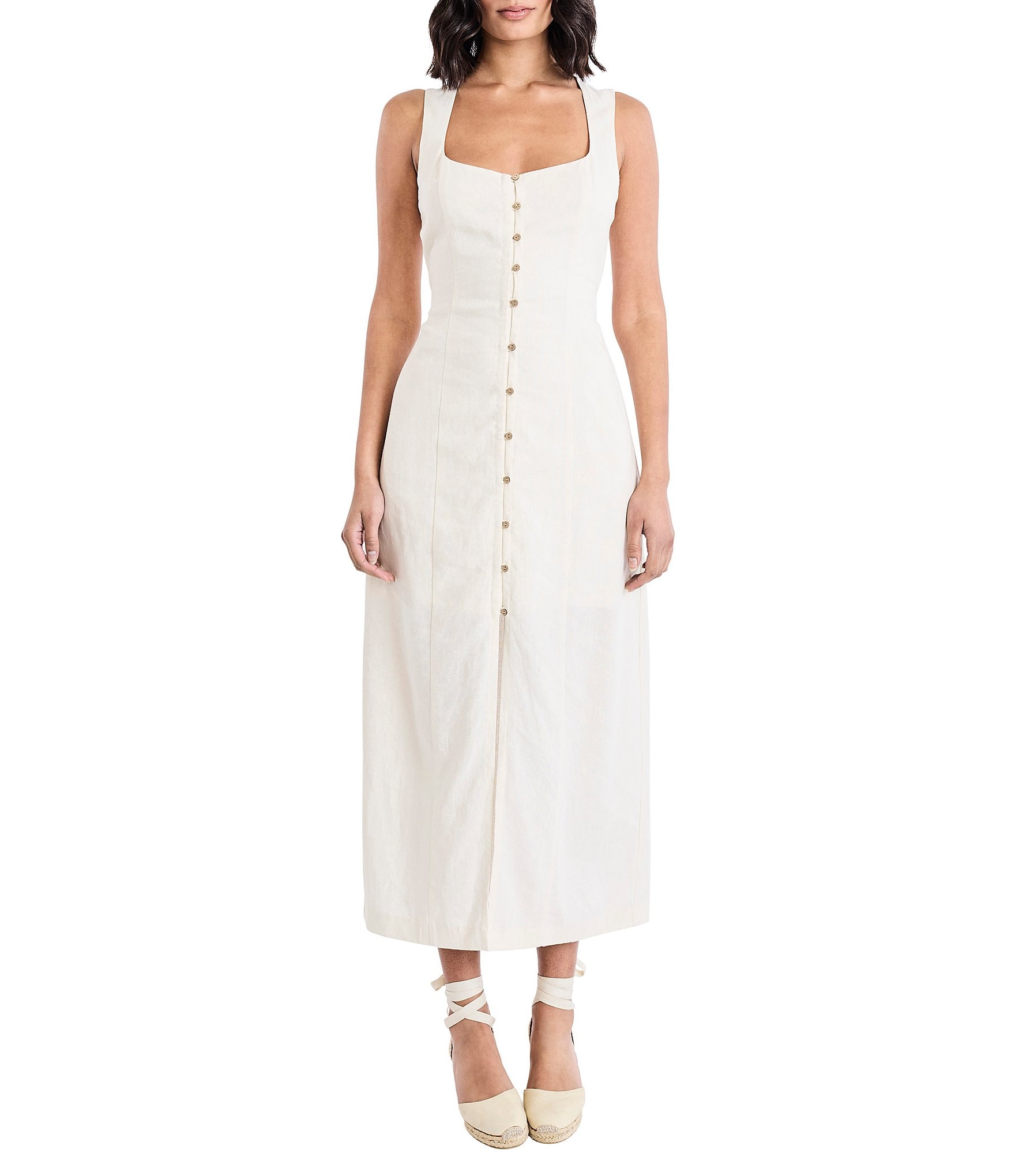 The Good Journey Linen Sheath Button Midi Dress