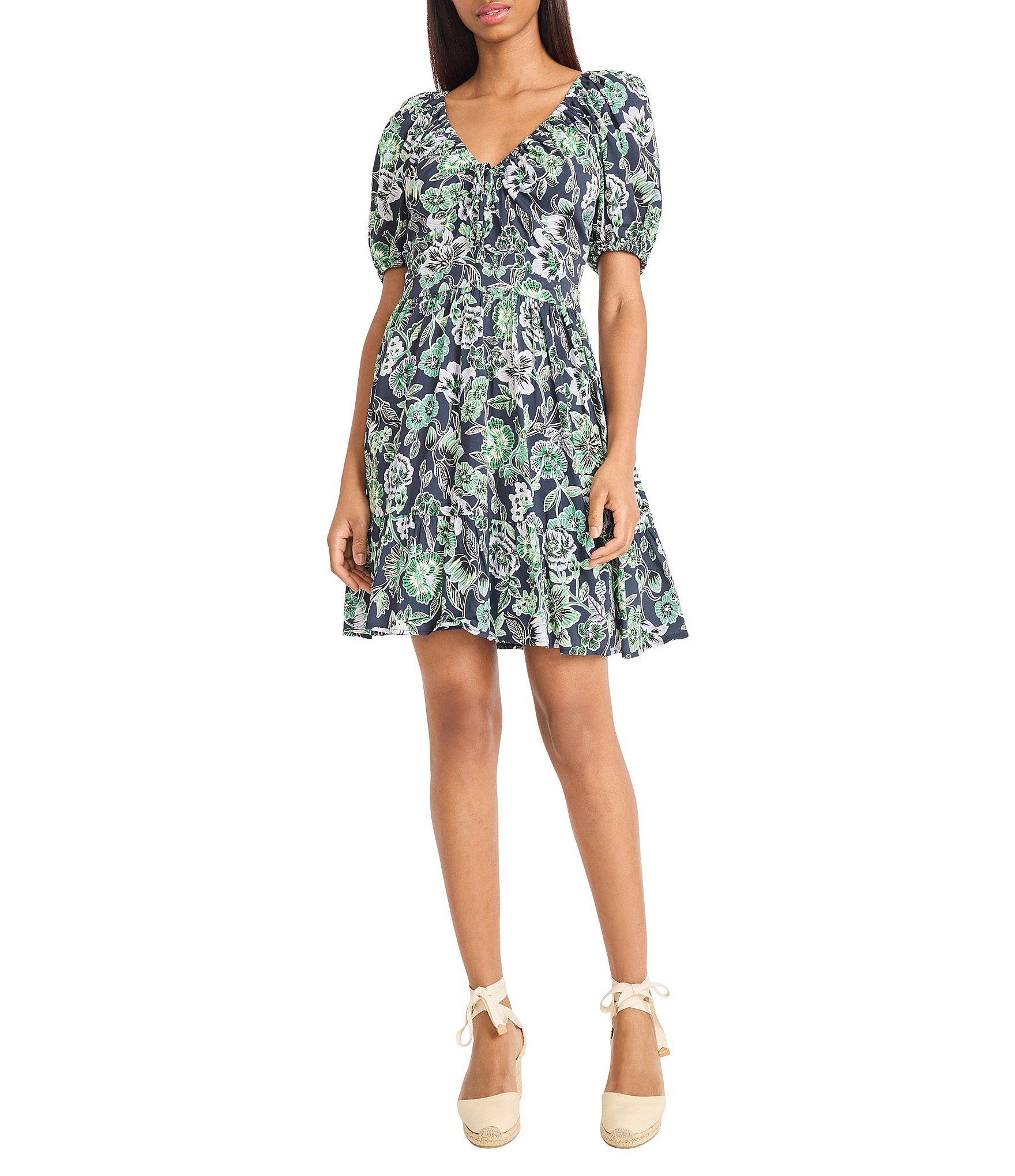 The Good Journey V-Neck Short Sleeve Floral Printed Challis Flounce Hem A-Line Dress