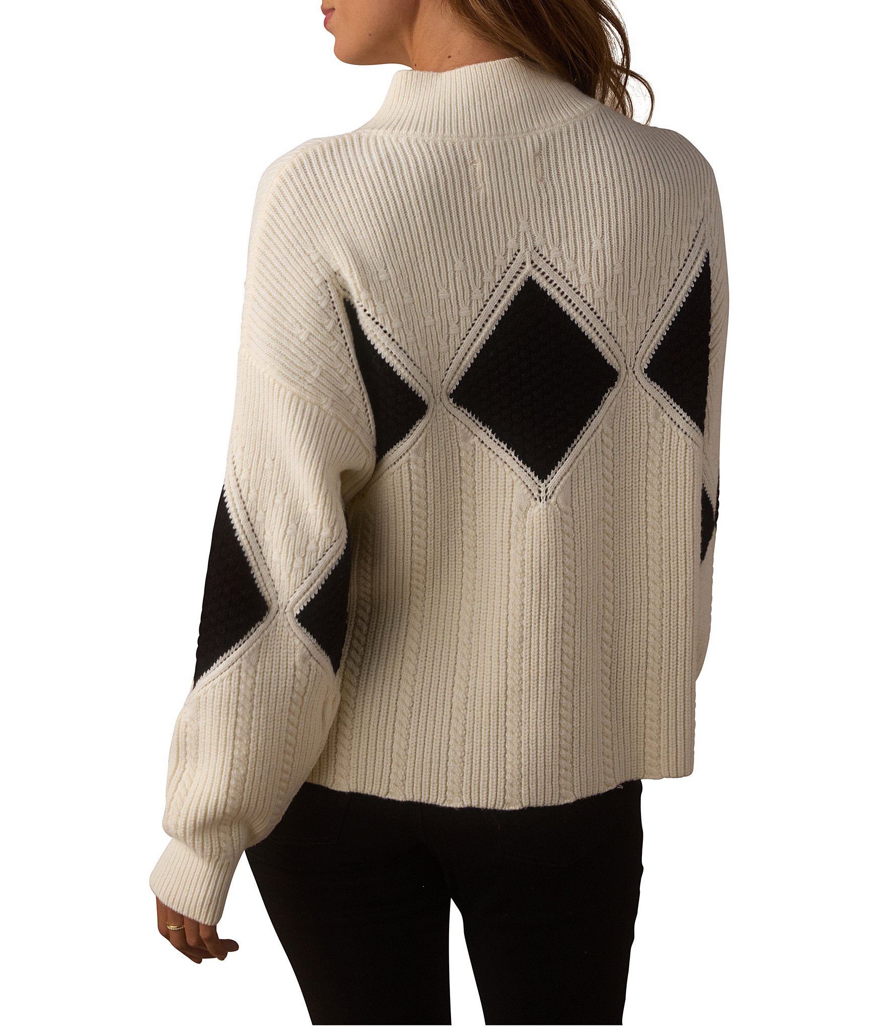 The Normal Brand Celeste Argyle Pattern Merino Wool Blend Mock Neck Dropped Shoulder Knit Sweater