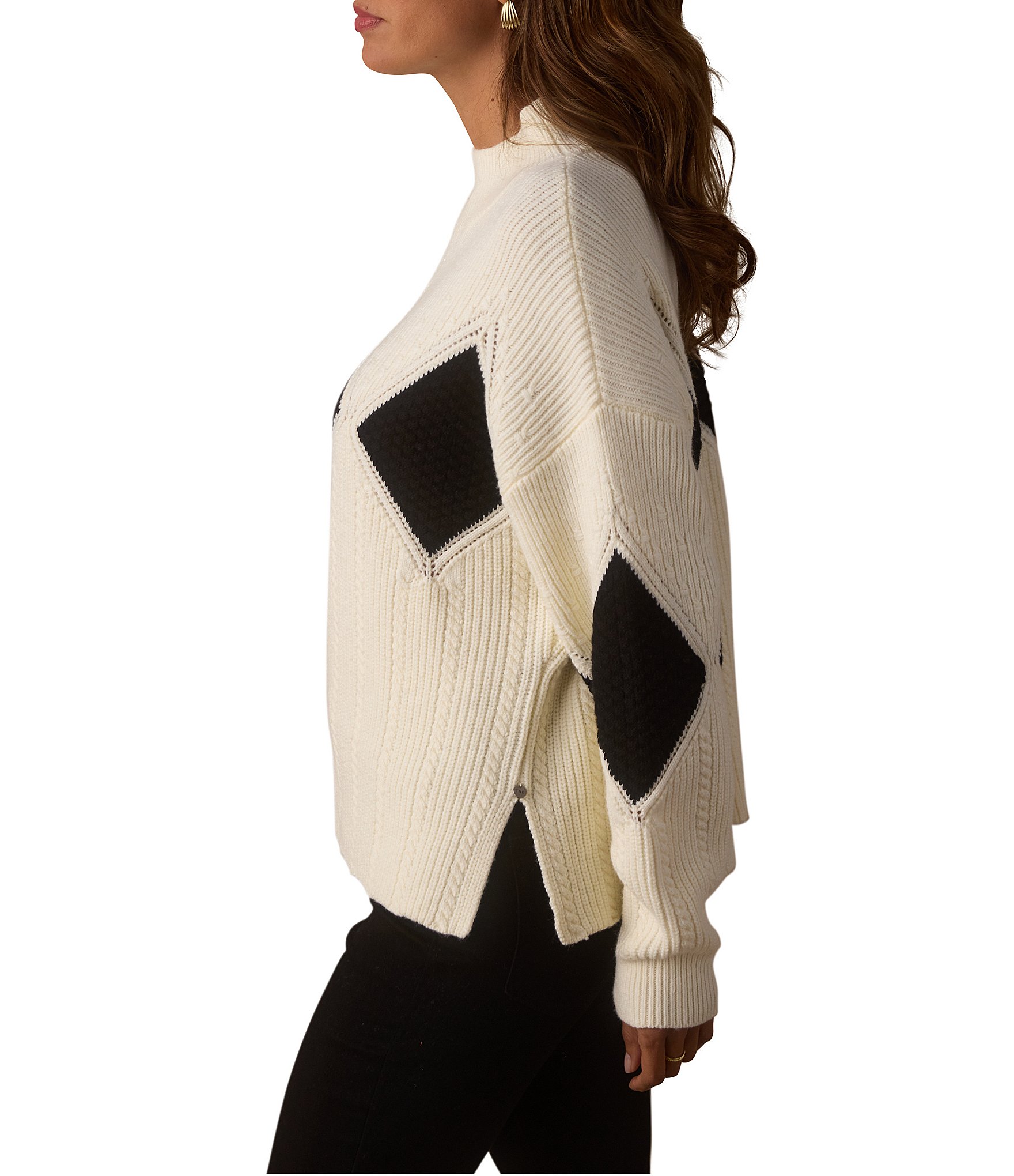 The Normal Brand Celeste Argyle Pattern Merino Wool Blend Mock Neck Dropped Shoulder Knit Sweater