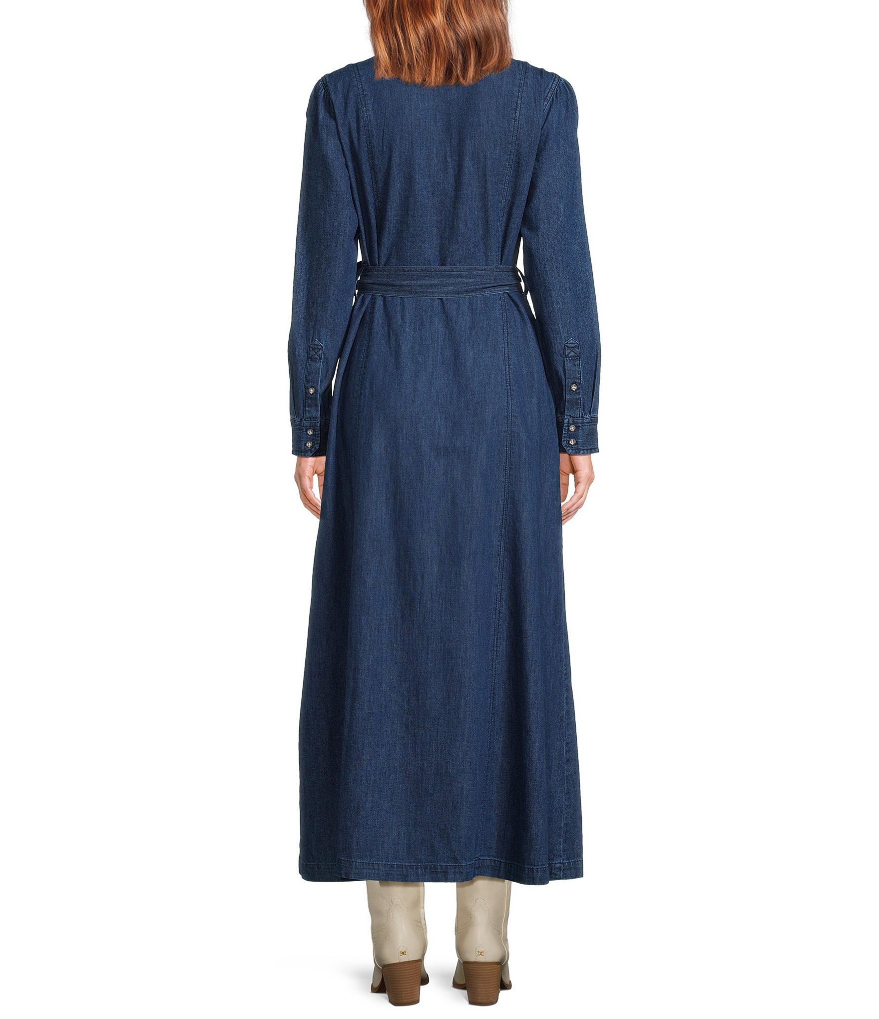 The Normal Brand Denim Point Collar Belted Button Front Shirt Dress