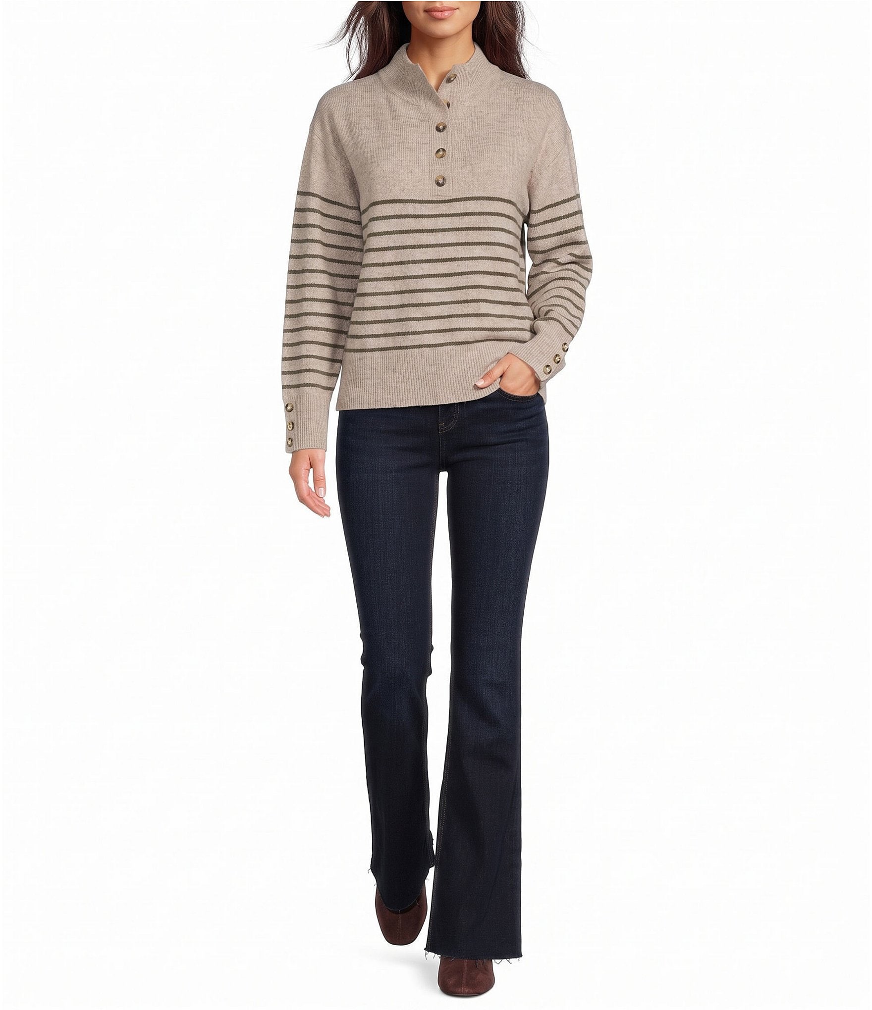 The Normal Brand Marianna Rib Knit Stand Collar Button Placket Popover Sweater